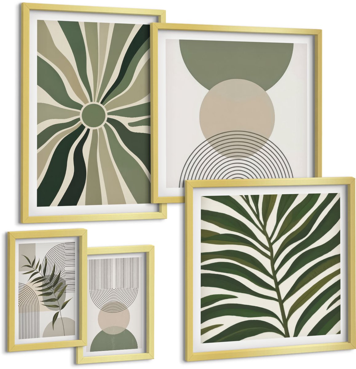 Coloray 5-Delige Schilderij Set - Stijlvolle Afbeeldingen In Groene Tinten Met Plantaardige En Geometrische Motieven. - 50 x 50 cm, 20 x 30 cm En 40 x 60 cm - Decoratieve Schilderijen - Woonkamer - Interieur - Muurdecoratie