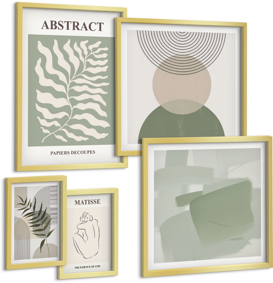 Coloray 5-Delige Schilderij Set - Stijlvolle Abstracte Composities Met Plantmotieven - 50 x 50 cm, 20 x 30 cm En 40 x 60 cm - Decoratieve Schilderijen - Wanddecoratie - Hal - Woonkamer Decoratie