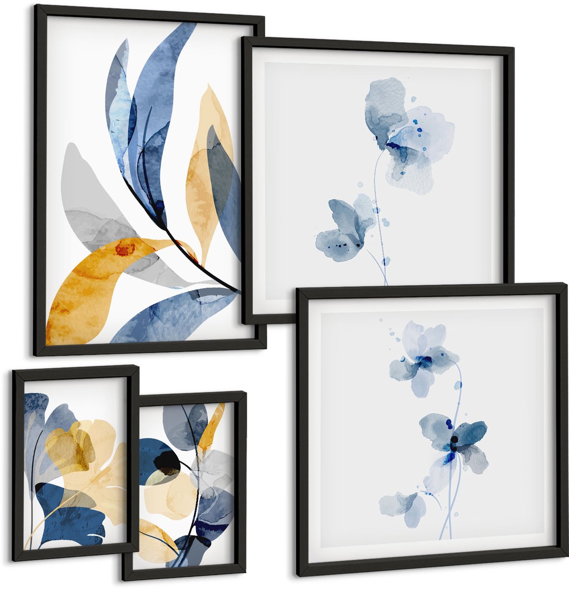 Coloray 5-Delige Schilderij Set - Plantmotieven In Pasteltinten Voor Interieurs - 50 x 50 cm, 20 x 30 cm En 40 x 60 cm - Wanddecoratie - Woonkamer Decoratie - Muurdecoratie Zwarte lijst