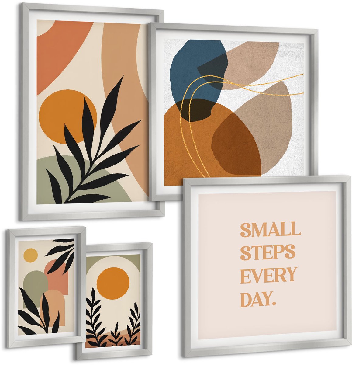 Coloray 5-Delige Schilderij Set - Plantmotieven In Moderne Vormen En Kleuren - 20 x 30 cm - Stijlvolle Muurdecoratie - Slaapkamer - Moderne Wanddecoratie