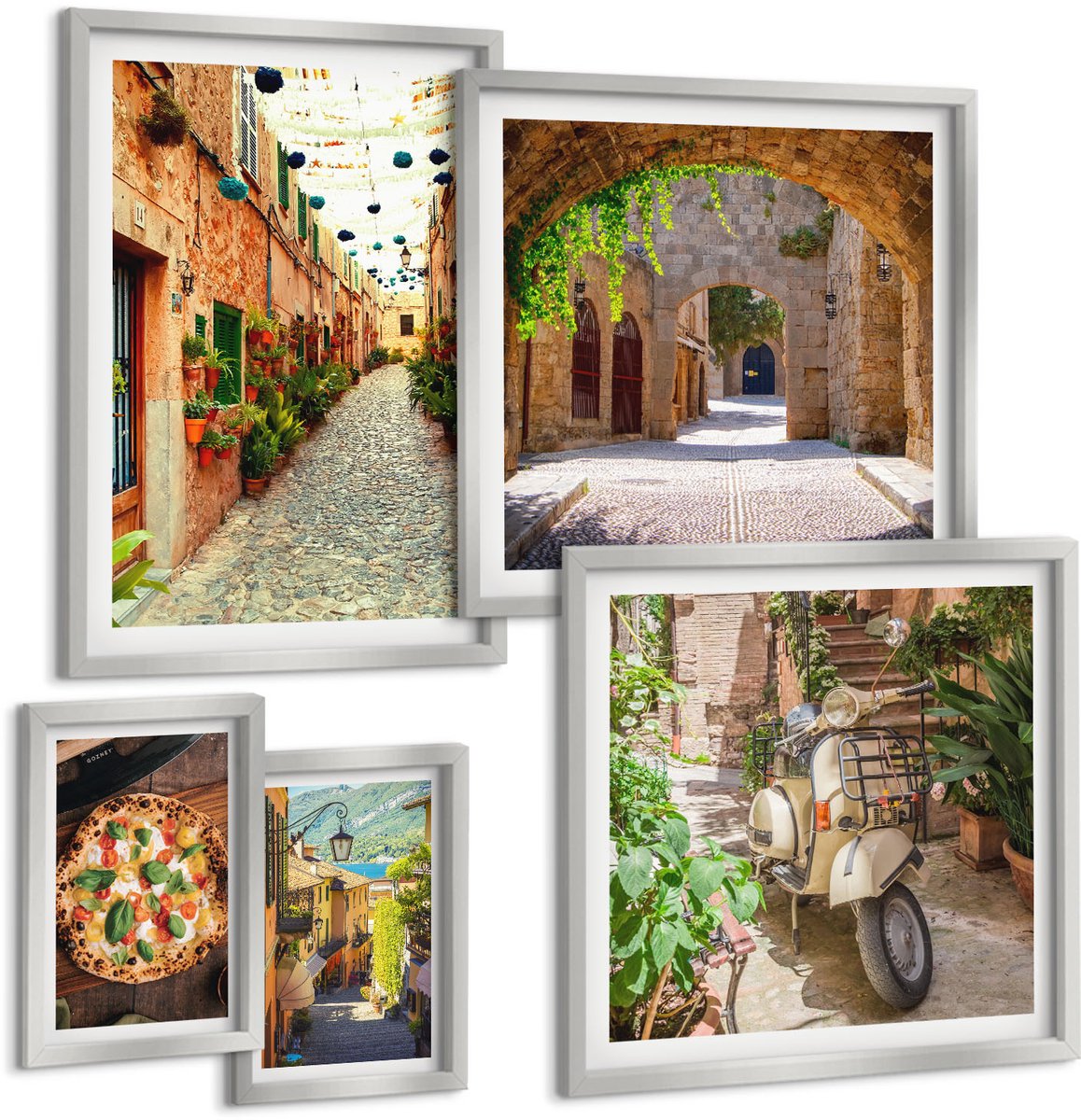 Coloray 5-Delige Schilderij Set - Hert Met Gewei, Bloemen En Veren, Vakantiebusje - 20 x 30 cm - Muurdecoratie - Schilderijen Set - Woonkamer - Woonkamer Decoratie