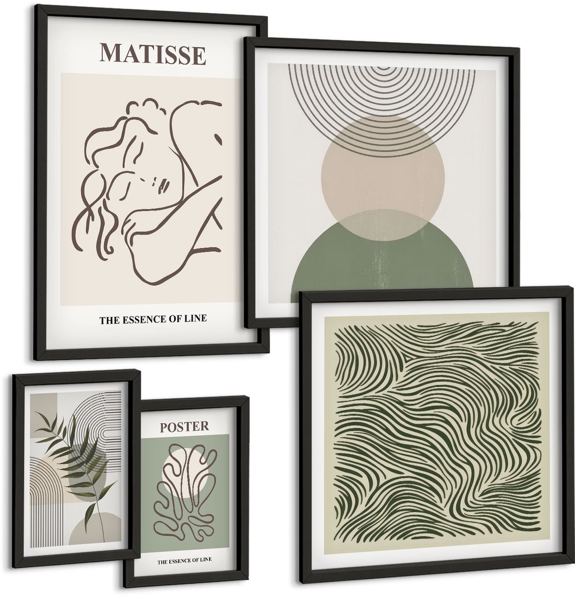 Coloray 5-Delige Schilderij Set - Minimalistische Composities Met Plantmotieven En Lijnen - 50 x 50 cm, 20 x 30 cm En 40 x 60 cm - Stijlvolle Muurdecoratie - Kantoor - Wanddecoratie
