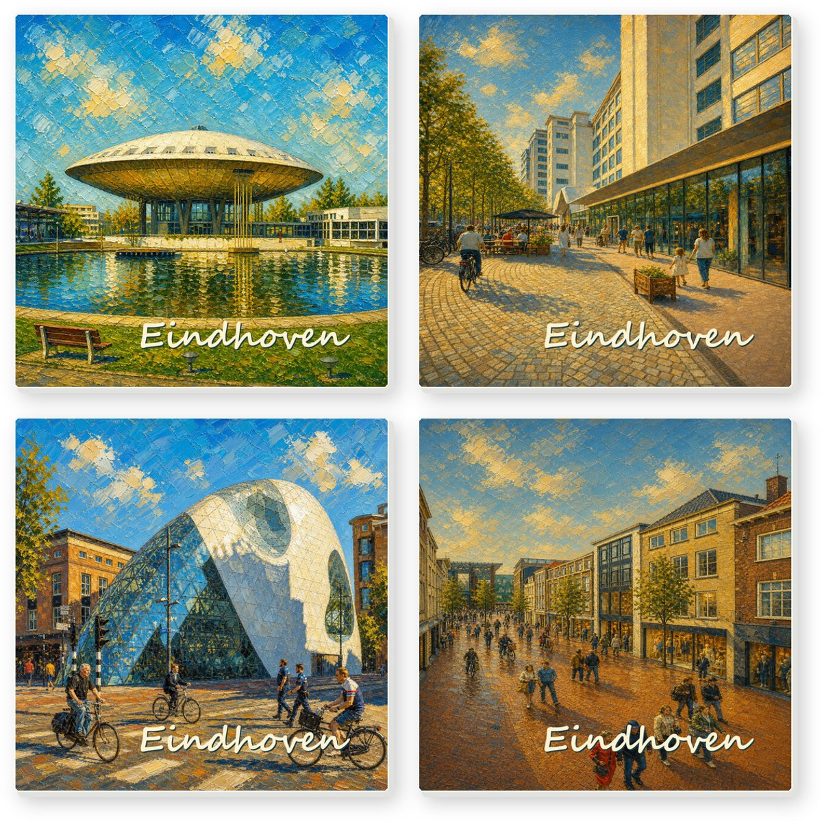 Kleurmedia Tegeltjes Eindhoven – Set van 4 – Keramiek 15 x 15 cm – Inclusief 4 transparante houders – Souvenir