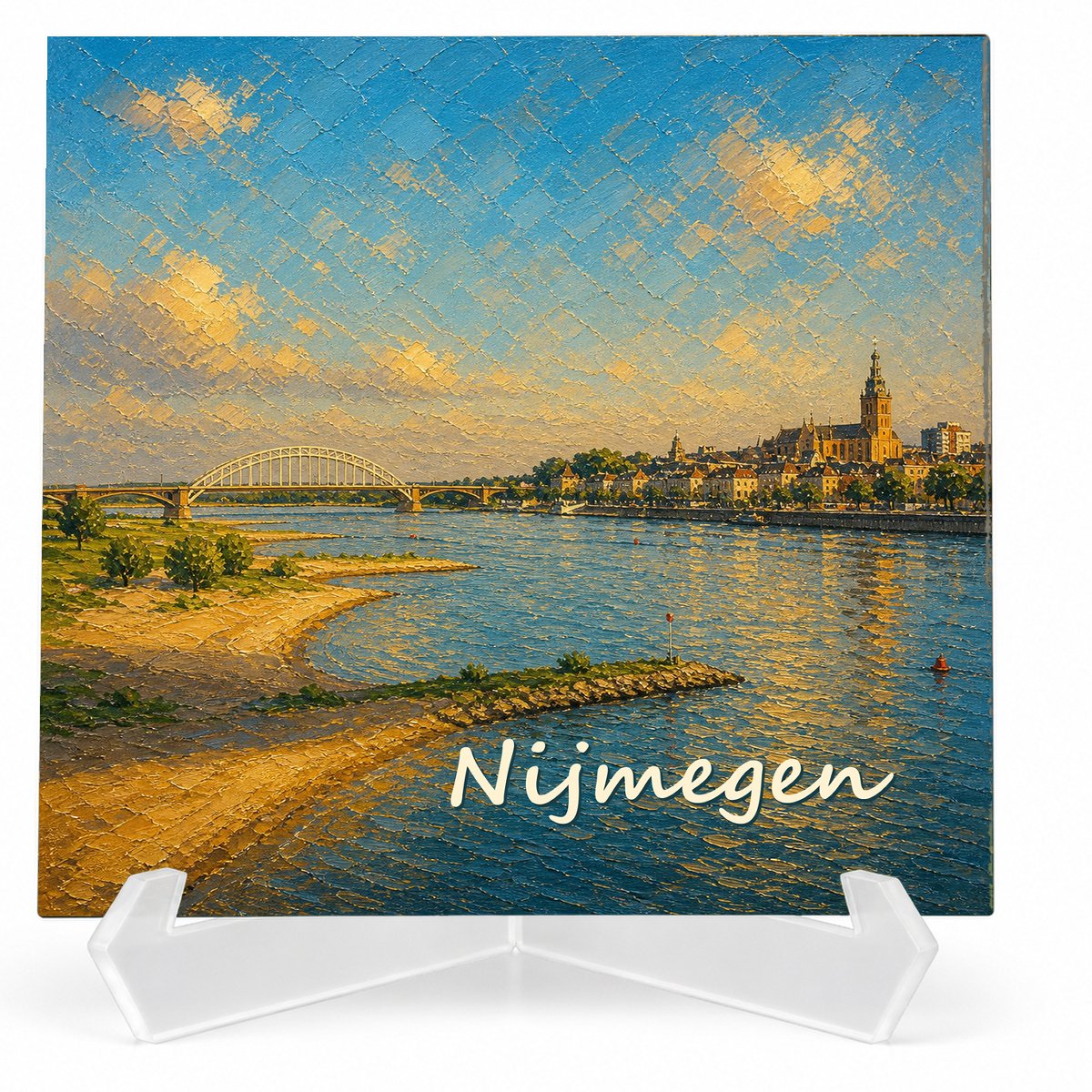 Kleurmedia Tegeltje Nijmegen – Waalbrug Skyline – Keramiek 15 x 15 cm – Inclusief transparante houder – Souvenir
