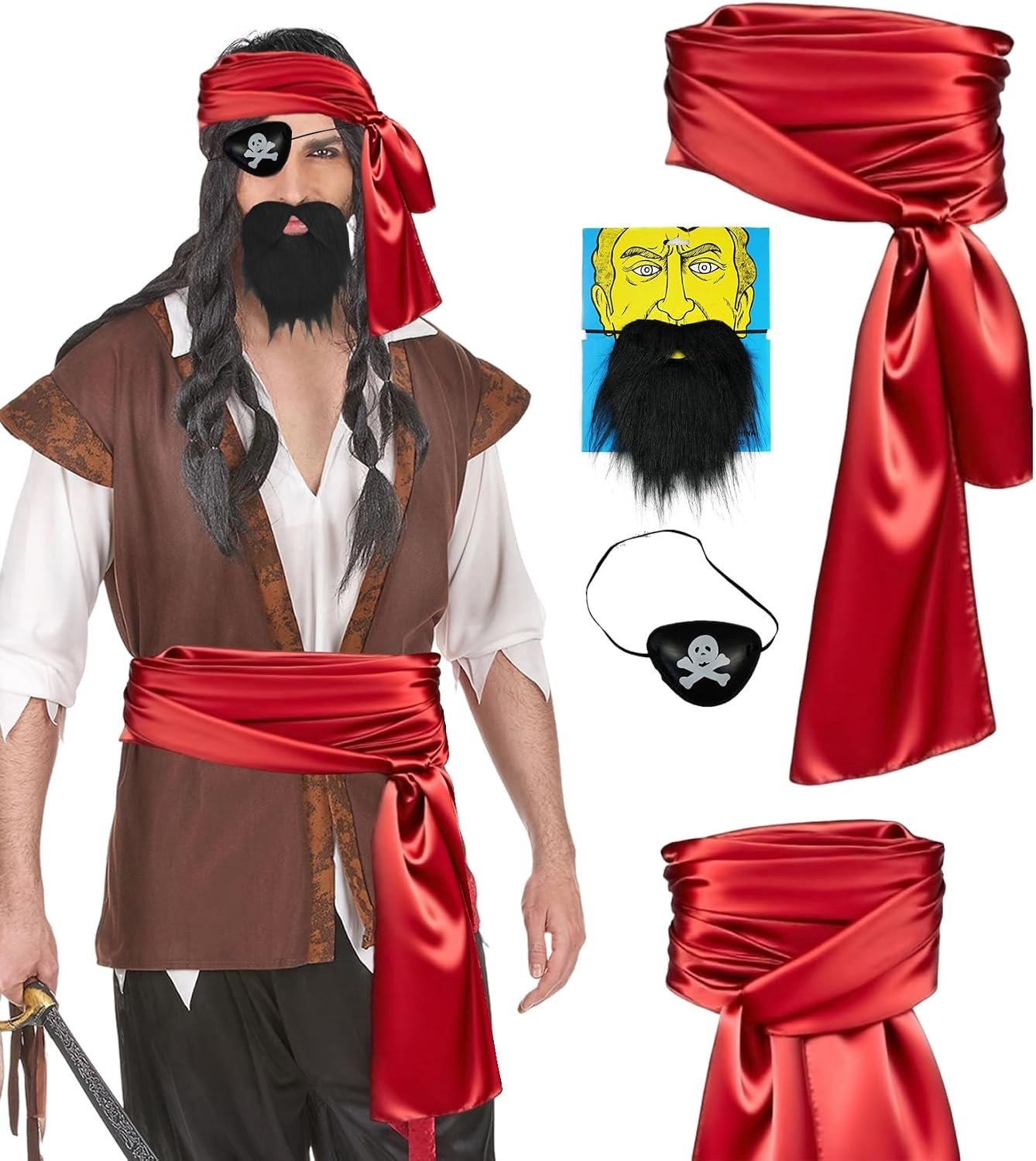 Piratenaccessoires Set voor Mannen met Rode Sjaal, Ooglapje, Baard en Sash - Perfect voor Halloween en Cosplay Feestjes