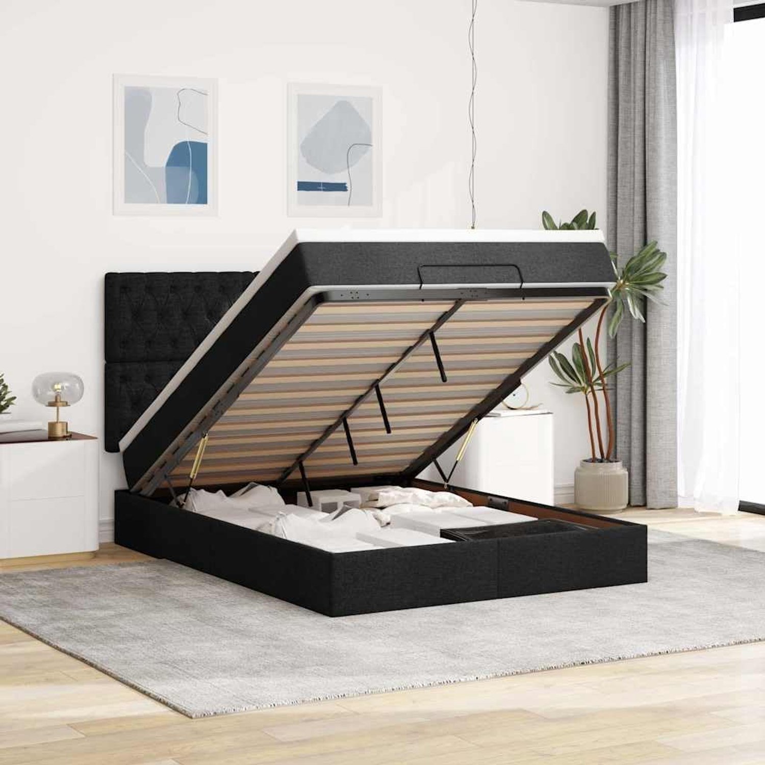 Stoffen opbergbed Pocketveringmatras 140x200 cm Zwart