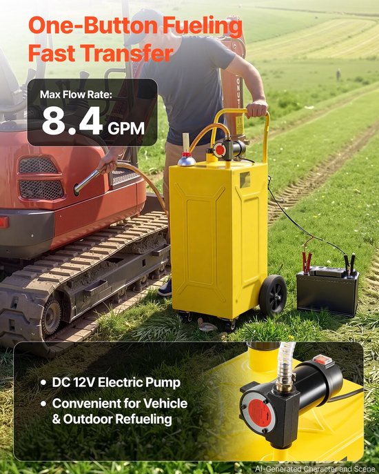 Mobiele dieseltank - Brandstoftrolley - 113,6 liter - 12V elektrische pomp - Max. 32 l/min - 4 wielen - Oliepeilindicator - Koolstofstaal, geel — afbeelding 2