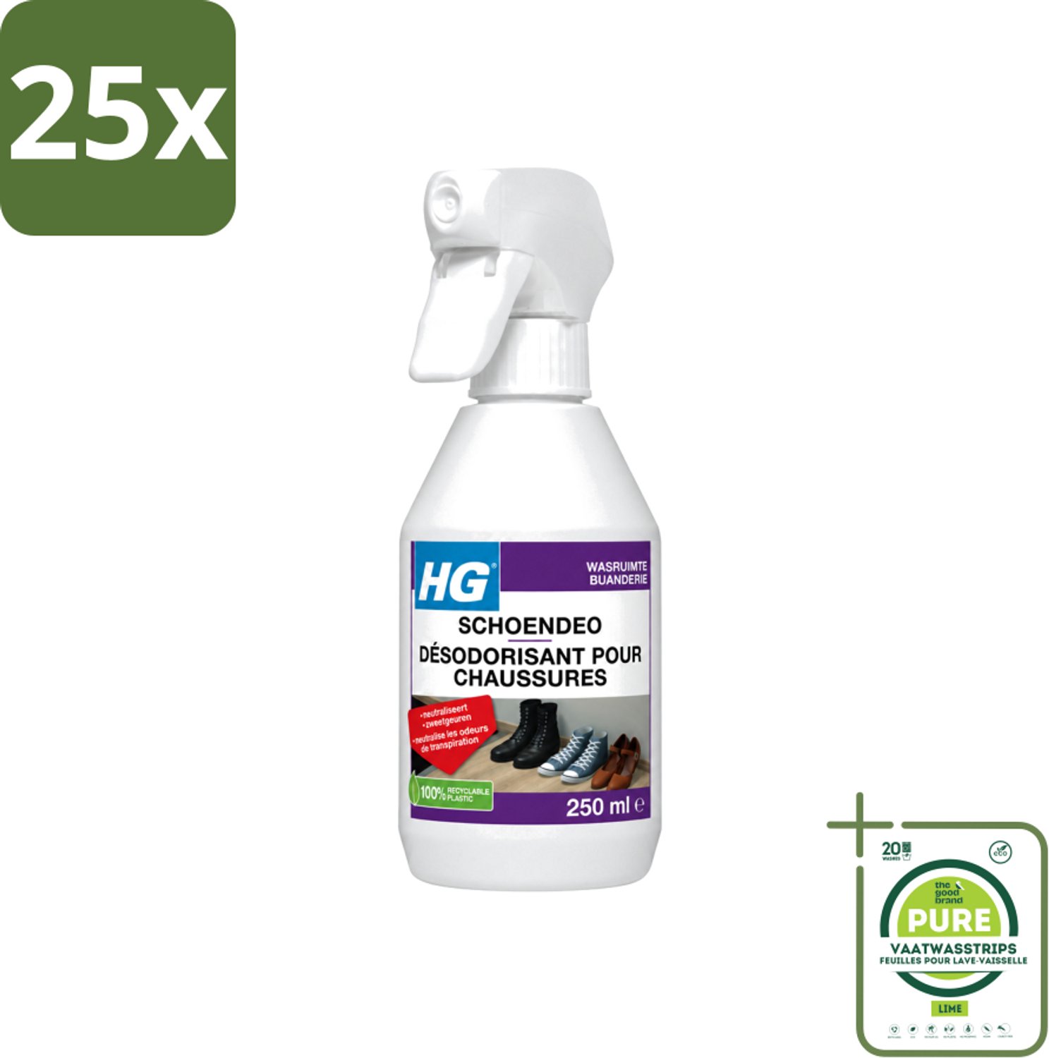 25 x HG - Schoendeo - Neutraliseert Zweetgeuren - Gemakkelijk in Gebruik - 250 ml - Grootverpakking - Vaatwasstrips - Schoenen Geur - Transpiratiegeur - Schoendeo - Schoenen Reinigen - Schoenen Fris