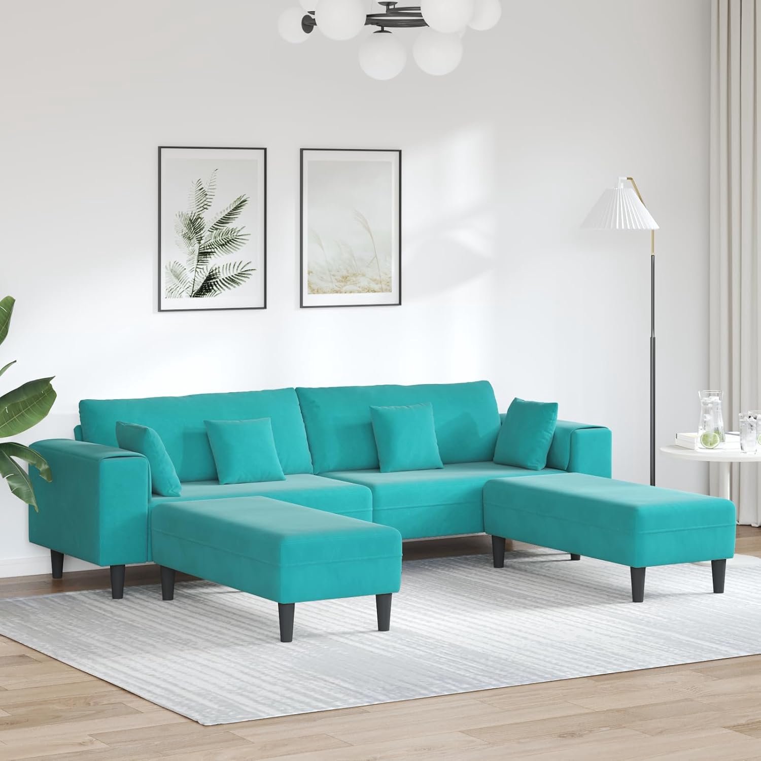 Bank met kussen, 3 stuks, turquoise, moderne fluwelen bank met binnenveringscomfort voor een stijlvolle woonsfeer, 208 cm, fluweel