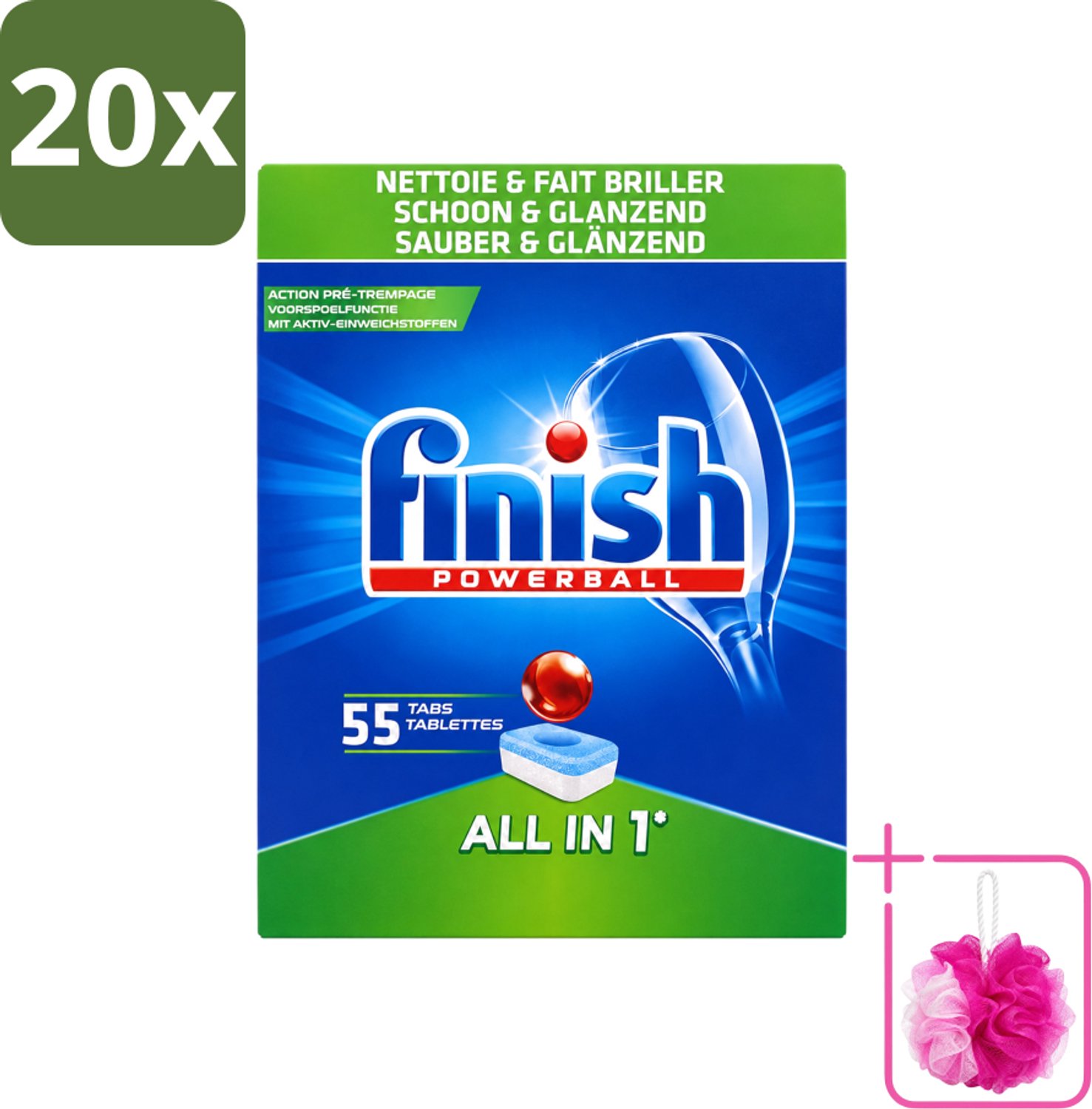20 x Finish Powerball - All in 1 - Vaatwastabletten - Schoon & Glans - 55 Tabletten - Bulkverpakking - Vaatwasmiddel - Douchemop - Vaatwastablet