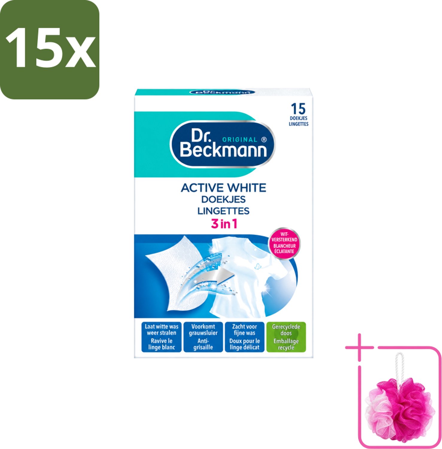 15 x Dr. Beckmann - Kleurverzorging - Active White - Witte Was - 15 Doekjes - Bulkverpakking - Witwas - Douchemop - Grauwsluier verwijderen