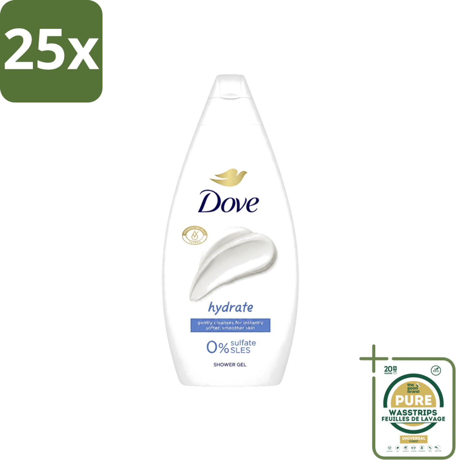 25 x Dove Hydrate - Douchegel - Sulfaatvrij - 250 ml - Wasstrips - Hydraterende Douchegel - Sulfaatvrije Douchegel - Zachte Huid - Huidverzorging - Huidhydratatie