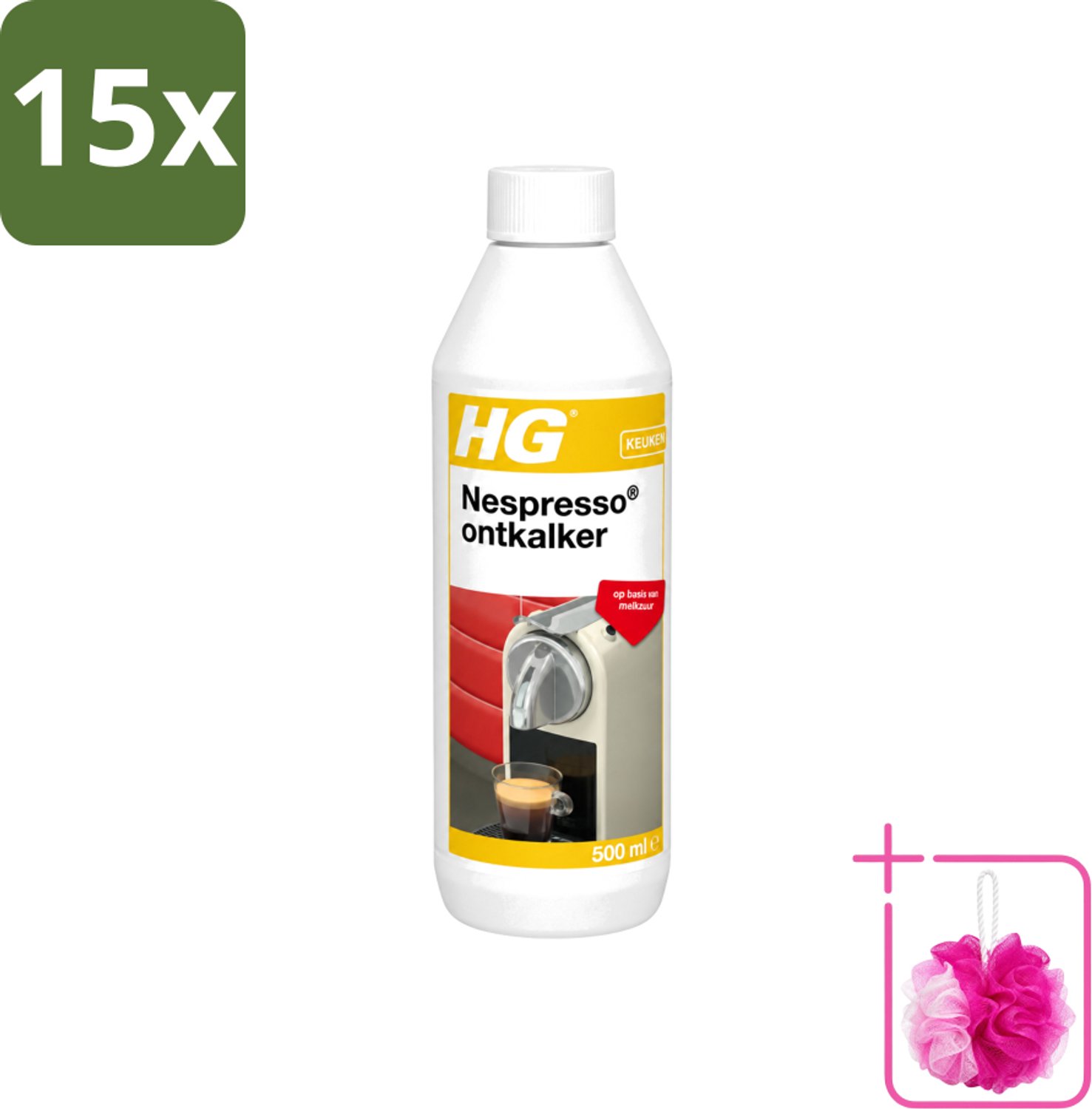 15 x HG - Nespresso Ontkalker - Op Basis Van Melkzuur - 4 tot 5 Reinigingsbeurten - 500 ml - Bulkverpakking - Ontkalken Nespresso machine - Douchemop - Ontkalkmiddel