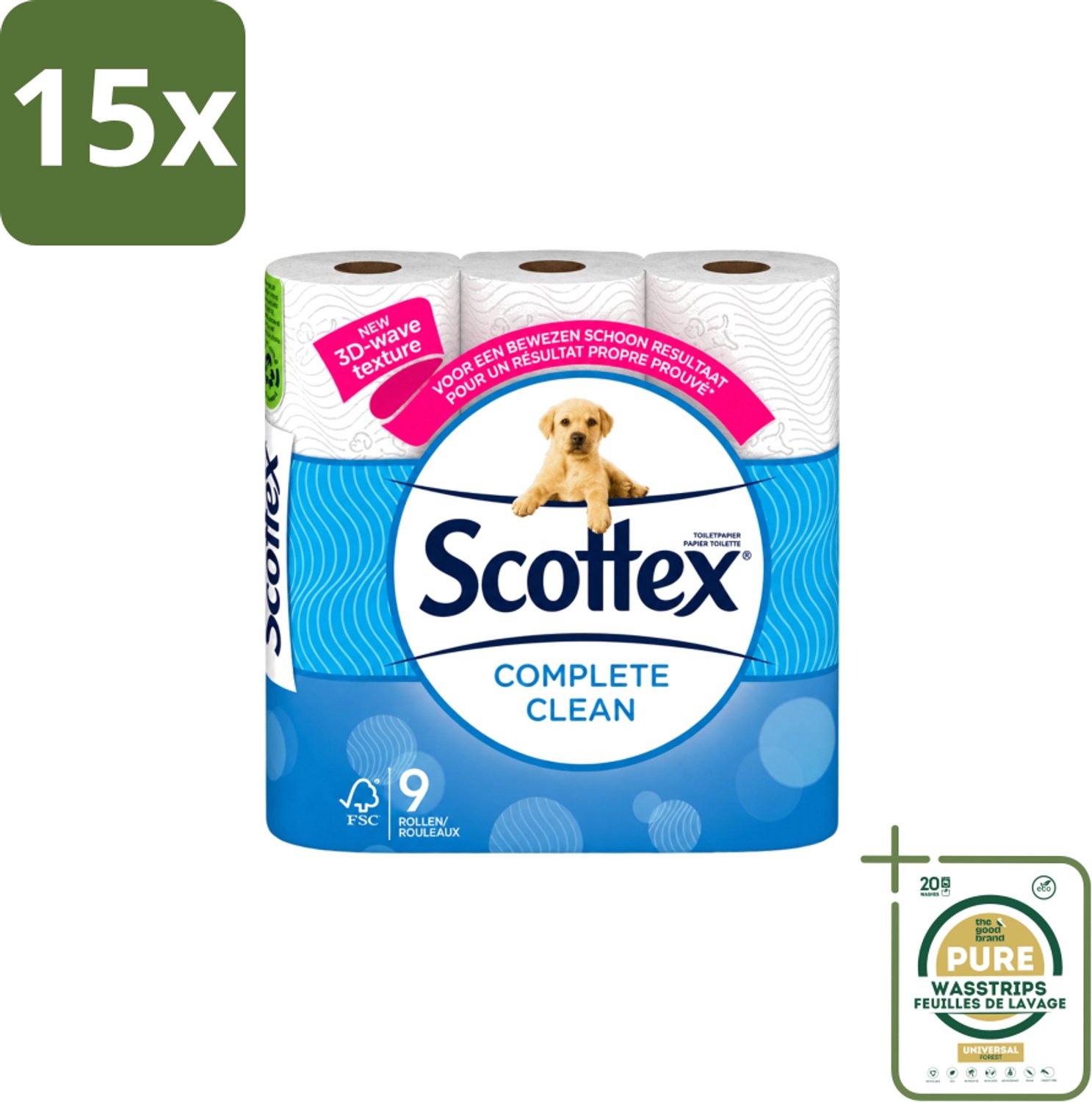 15 x Page Scottex – Toiletpapier – Complete Clean 2-laags – 9 rollen - Wasstrips - Toiletpapier - Schone Reiniging - 3D Wave™ - Extra Zacht - 2-laags