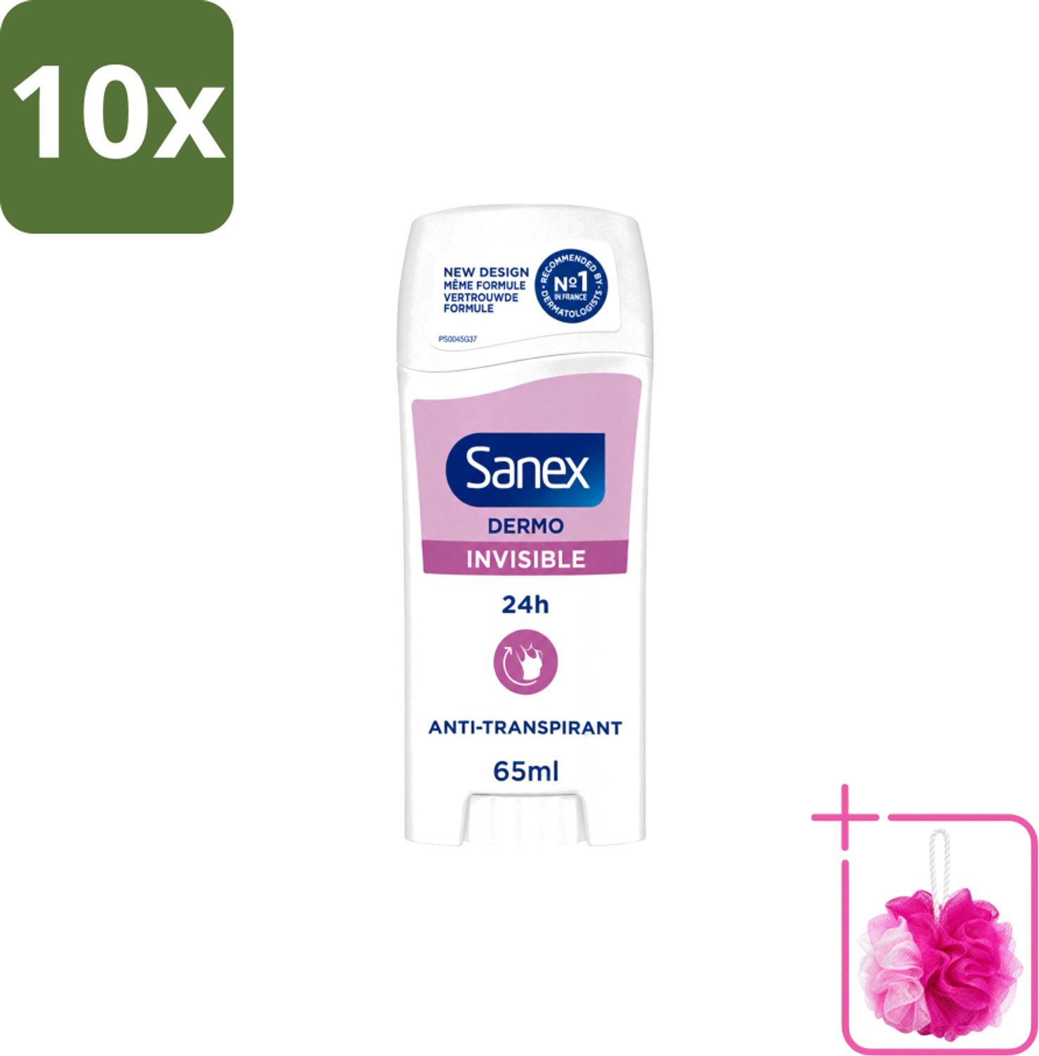 10 x Sanex – Deodorant Stick – Dermo Invisible – 65 ml - Bulkverpakking - Onzezichtbare deodorantstick - Douchemop - Deodorantstick