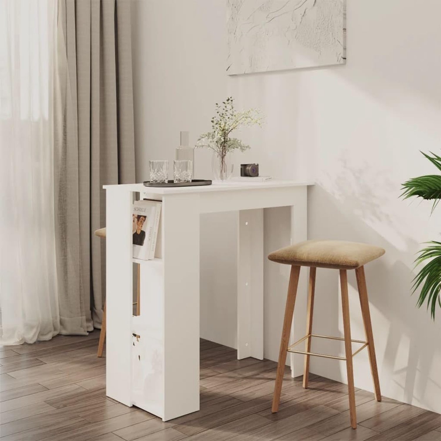 Bartafel met plank, witte tafel voor woonkamer, veelzijdige eettafel voor keuken, 102 x 50 x 103,5 cm, houtmateriaal