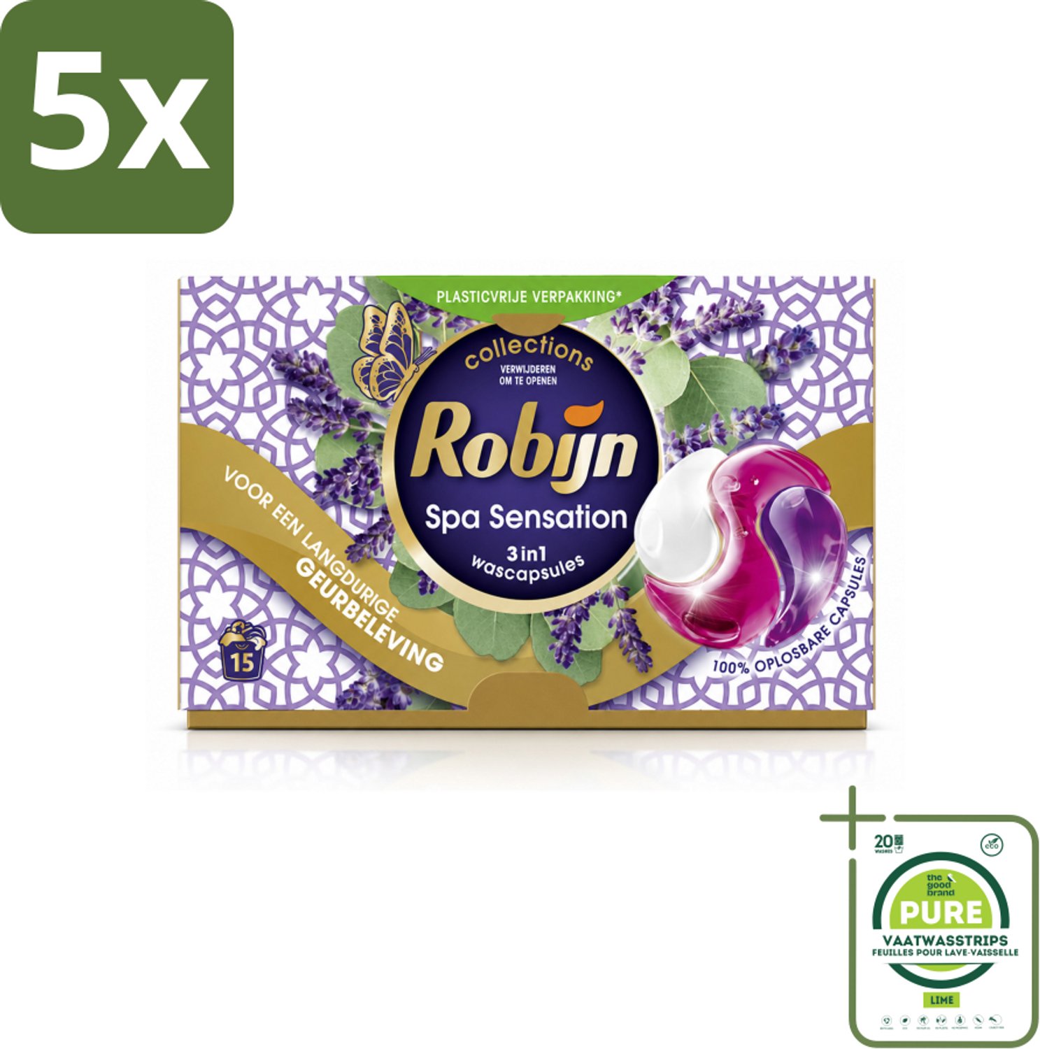 5 x Robijn - 3-in-1 Spa Sensation - Wascapsules - 15 Wasbeurten - Grootverpakking - Vaatwasstrips - Wascapsules - Wasmiddel - Geur - Kleurbehoud - Wasverzachter
