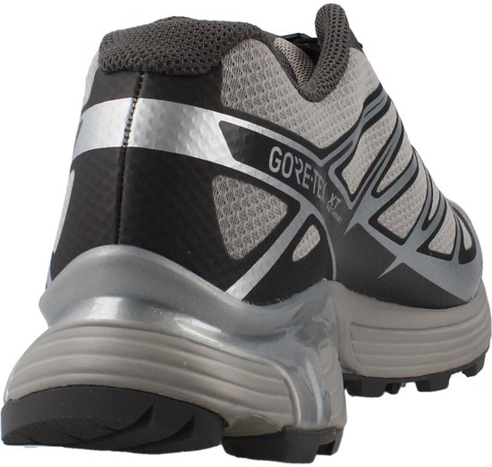 Achterkant van de Salomon XT Pathway GTX in zilver en grijs, met zichtbare GORE-TEX XT Pathway-tekst.