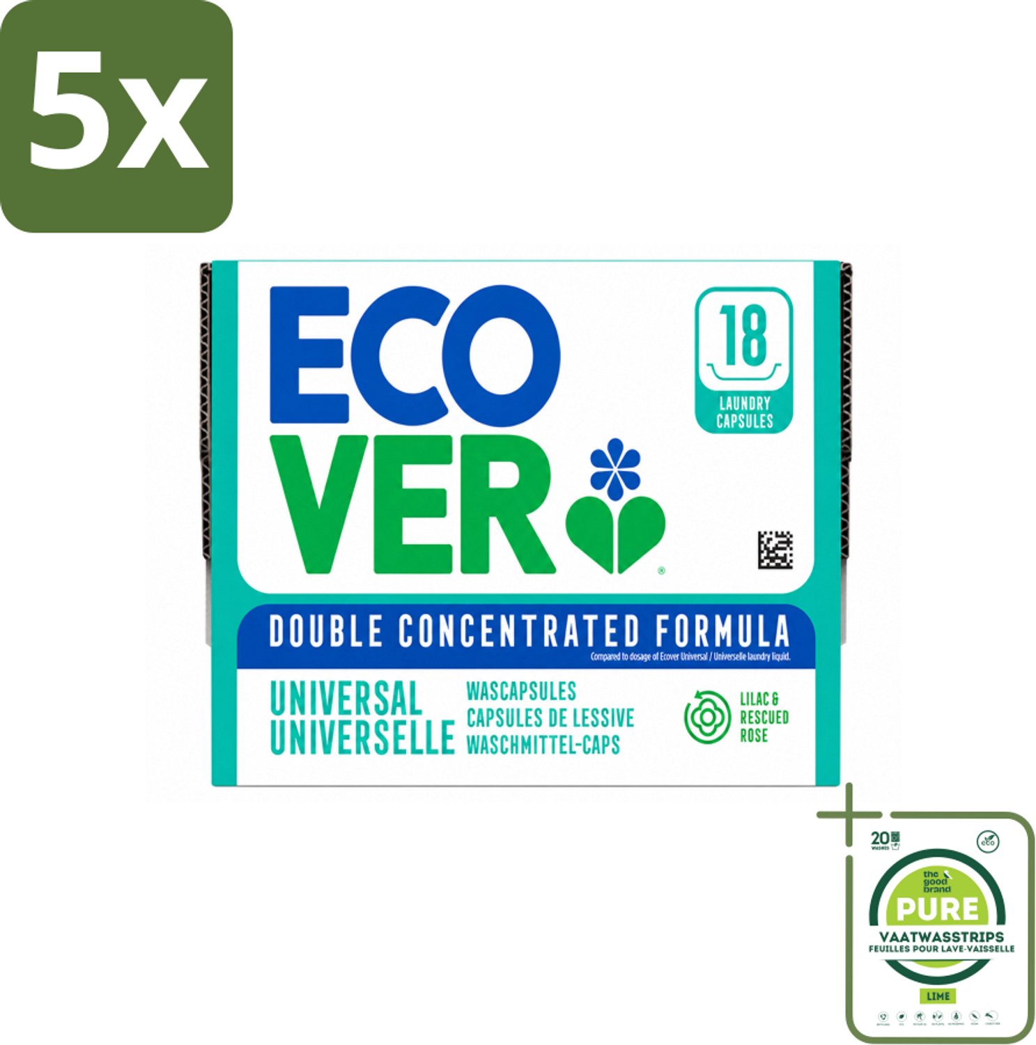 5 x Ecover - Wascapsules - Universal - Lilac & Rescued Rose - 18 Capsules - Grootverpakking - Vaatwasstrips - Wascapsules - Wasmiddel - Reiniging - Kleding Reinigen - Kleuren Herstellen