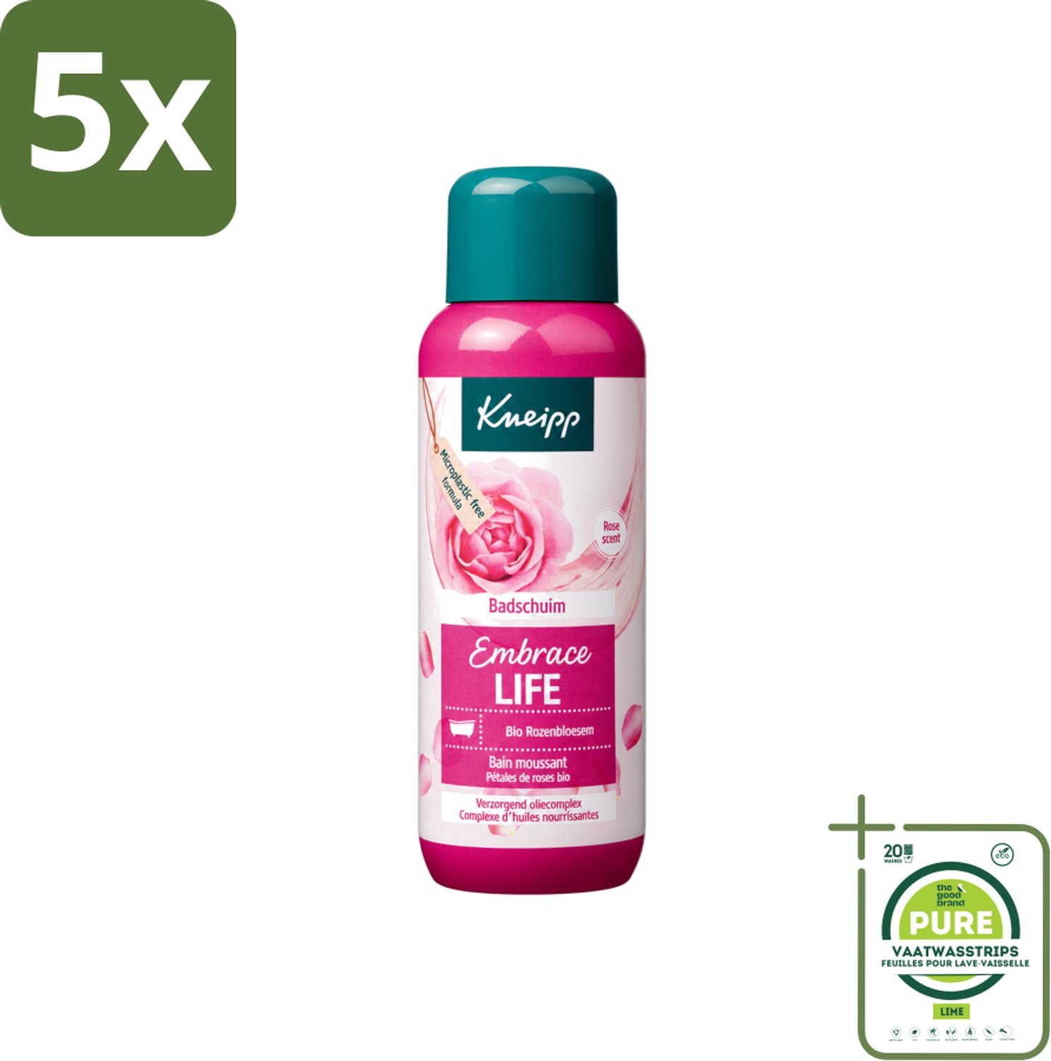 5 x Kneipp - Badschuim - Embrace Life - Anti-Aging verzorging - 400 ml - Grootverpakking - Vaatwasstrips - Badshuim - Anti-aging - Roos - Vrouwelijke Kracht - Zelfverzorging