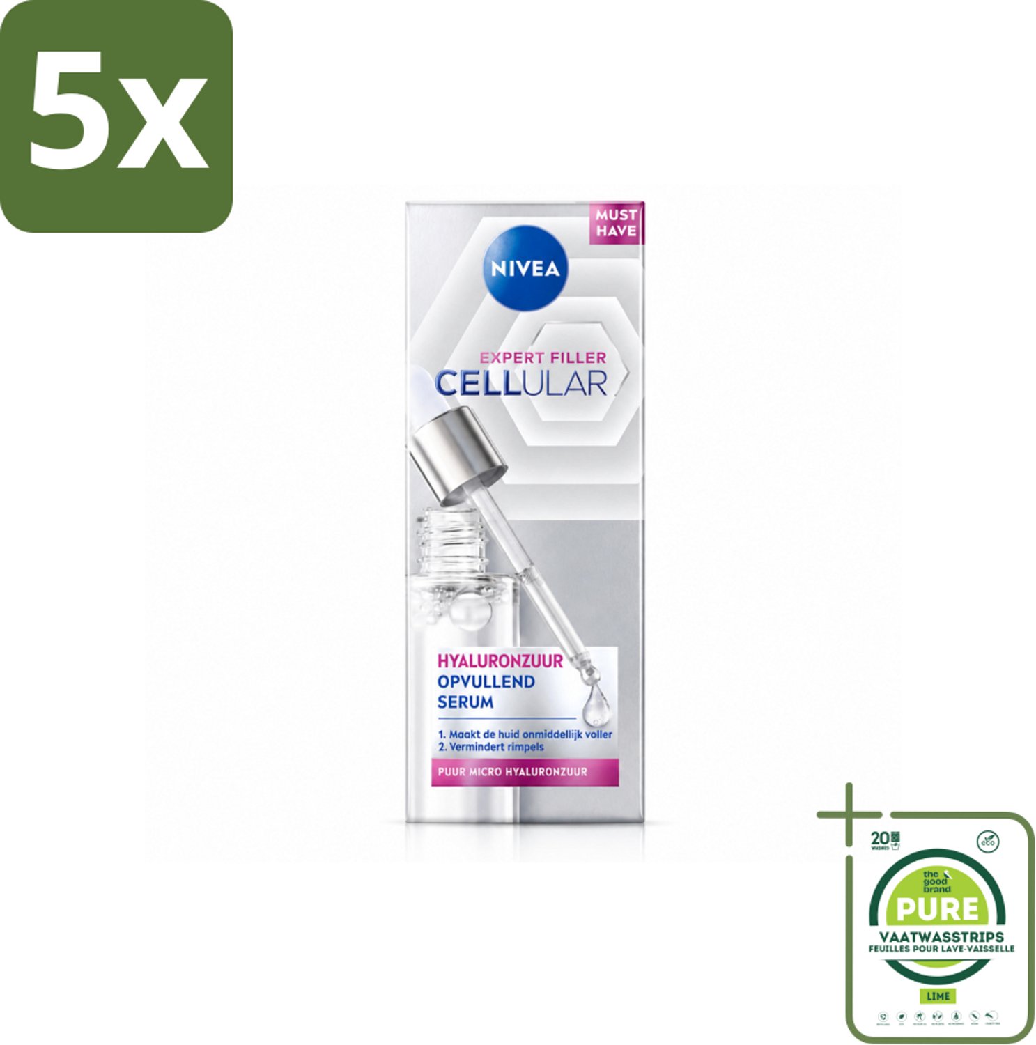 5 x Nivea - Cellular - Expert Filler Hyaluronzuur Serum - Rimpelvullend en Hydraterend - 30 ml - Grootverpakking - Vaatwasstrips - Hyaluronzuur Serum - Rimpelvulling - Hydratatie - Huidverjonging - Fijne Lijntjes