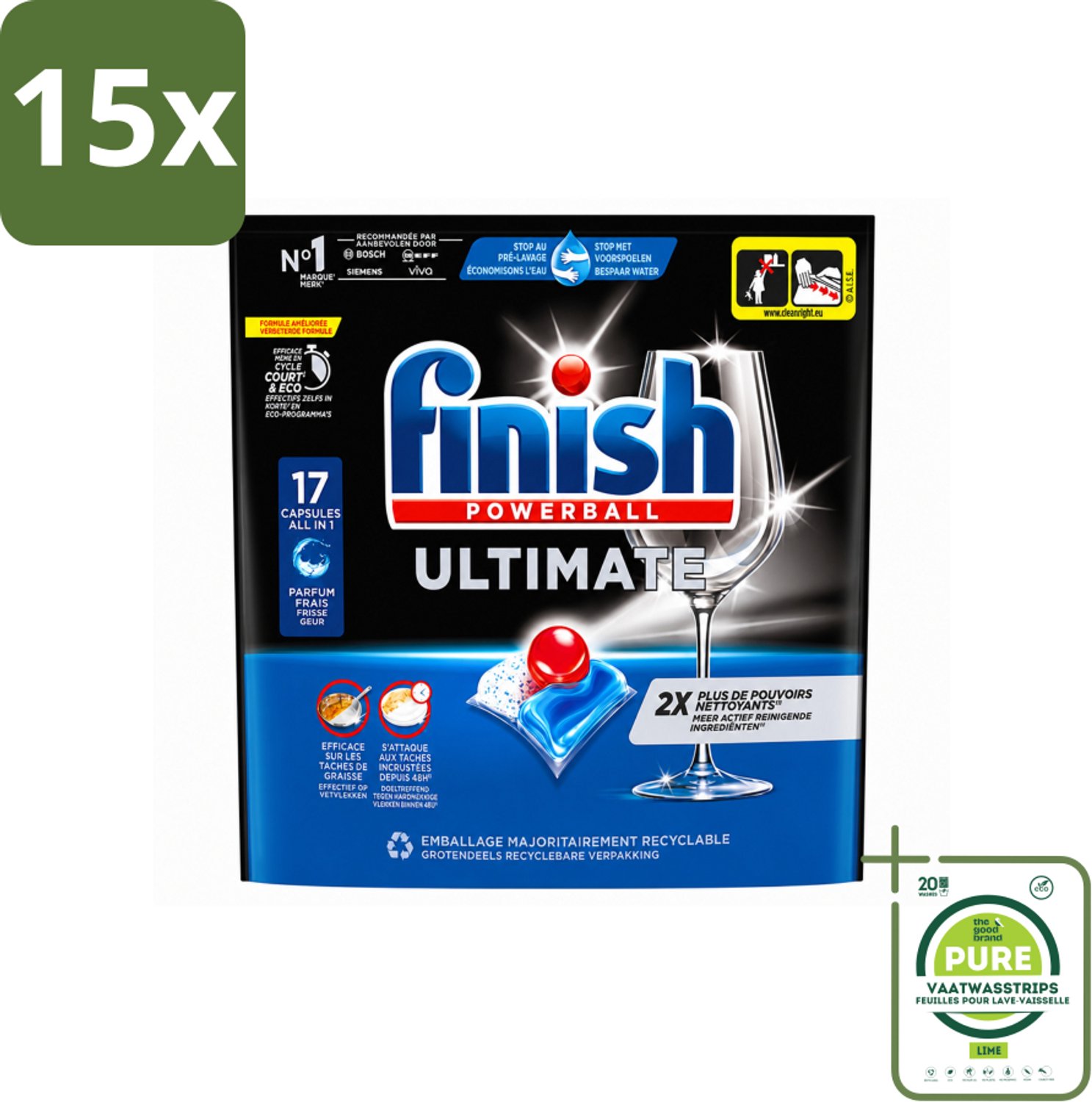 15 x Finish - Vaatwasmiddel - Ultimate Vaatwastabletten Regular - Krachtige Reiniging - 17 capsules - Grootverpakking - Vaatwasstrips - Vaatwastabletten - Vaatwasser - Reinigingskracht - ACTIVELIFT - Glans