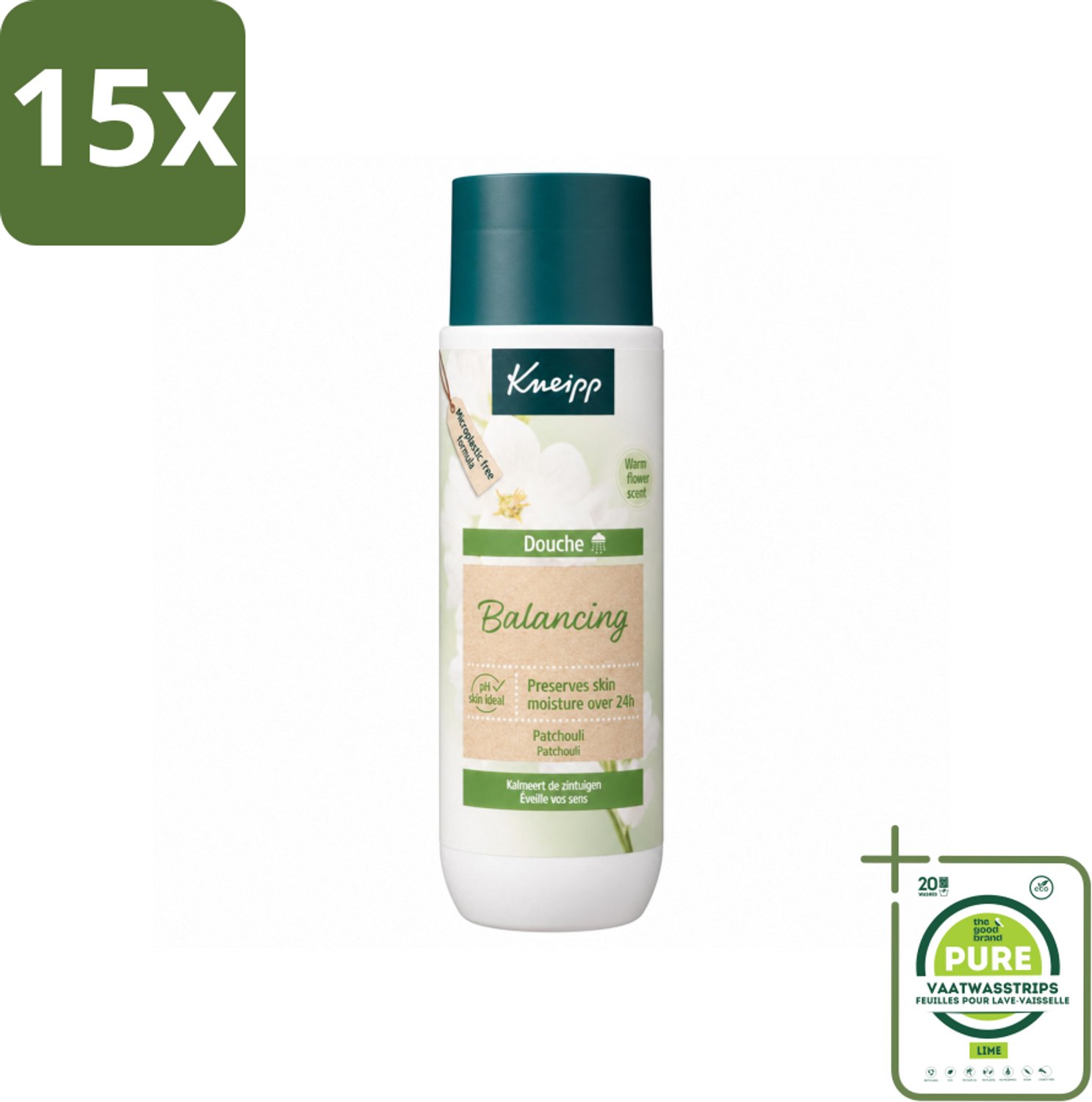 15 x Kneipp - Douchegel - Patchouli - 200 ml - Grootverpakking - Vaatwasstrips - Douchegel Patchouli - Balans Huid - Ontspanning Onder De Douche - Natuurlijke Douchegel - Zachte Geur