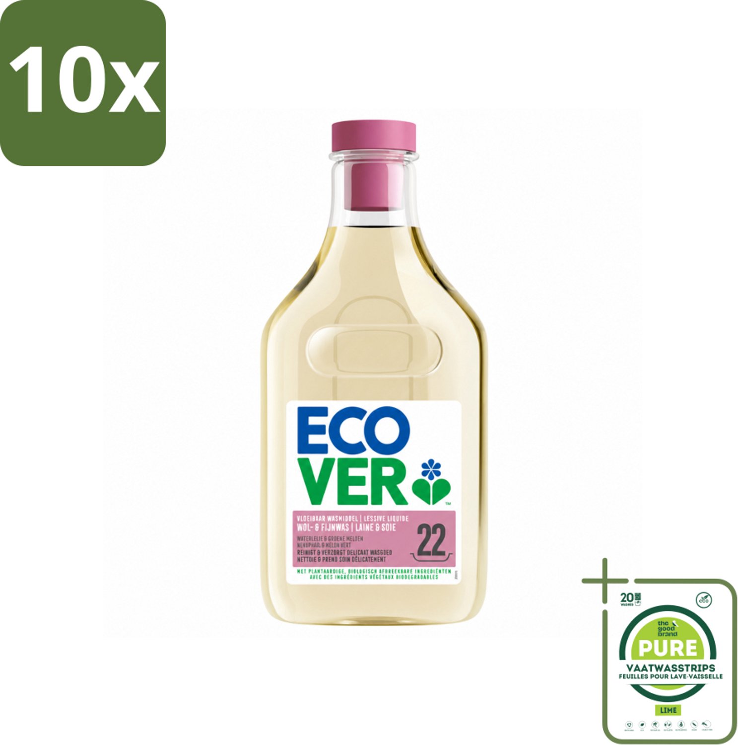 10 x Ecover - Vloeibaar wasmiddel - Wol & Fijnwas - 1 liter - 22 wasbeurten - Grootverpakking - Vaatwasstrips - Zachte Wasmiddelen - Wol Wasmiddel - Fijnwas - Delicate Stoffen - Biologisch Afbreekbaar