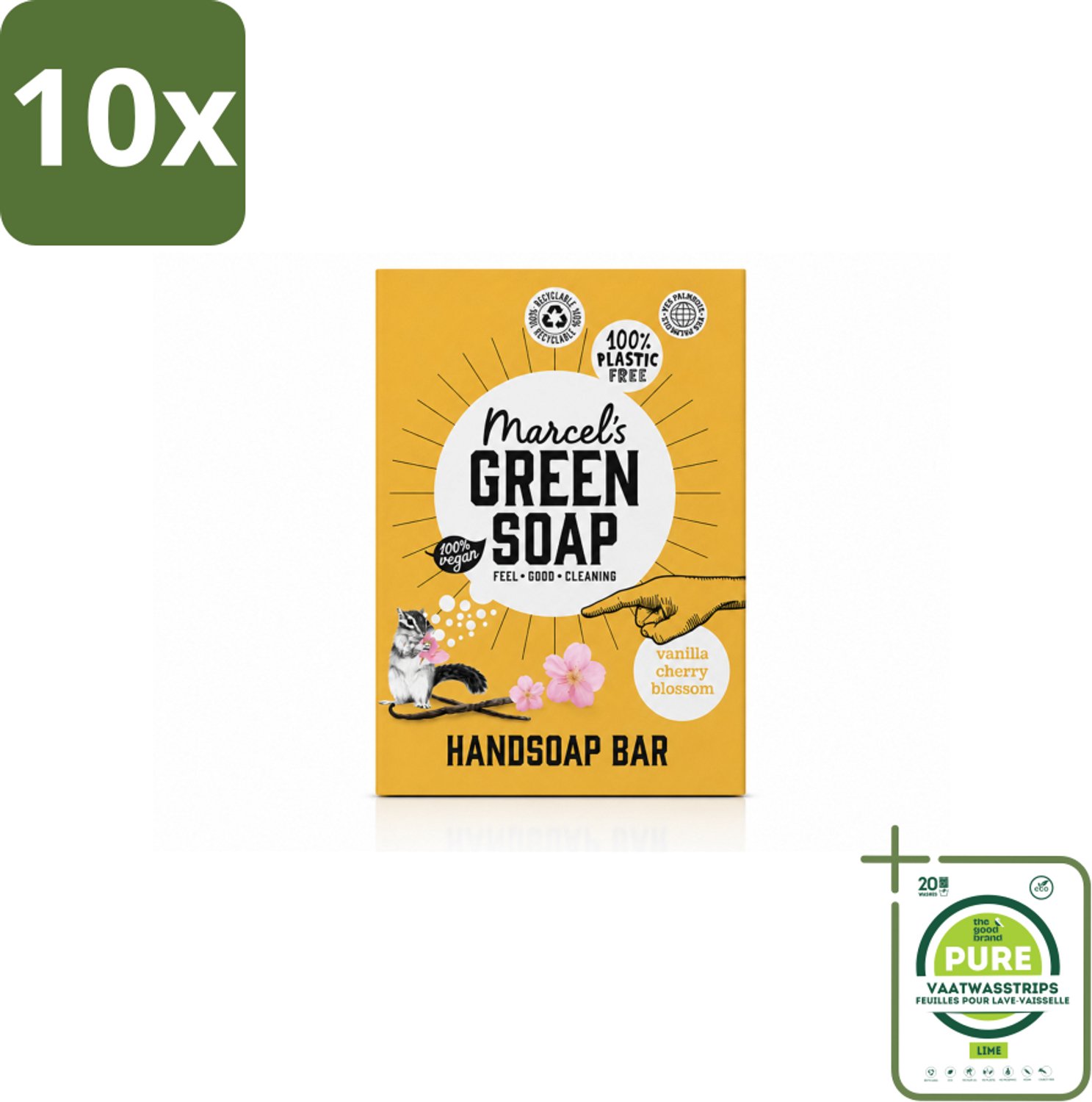 10 x Marcel's Green Soap - Handzeep Bar - Vanille & Cherry Blossom - Krachtige werking - 90 gr - Grootverpakking - Vaatwasstrips - Handzeep Bar - Plasticvrije Handzeep - Vegan Handzeep - Natuurlijke Handzeep - Duurzame Handzeep