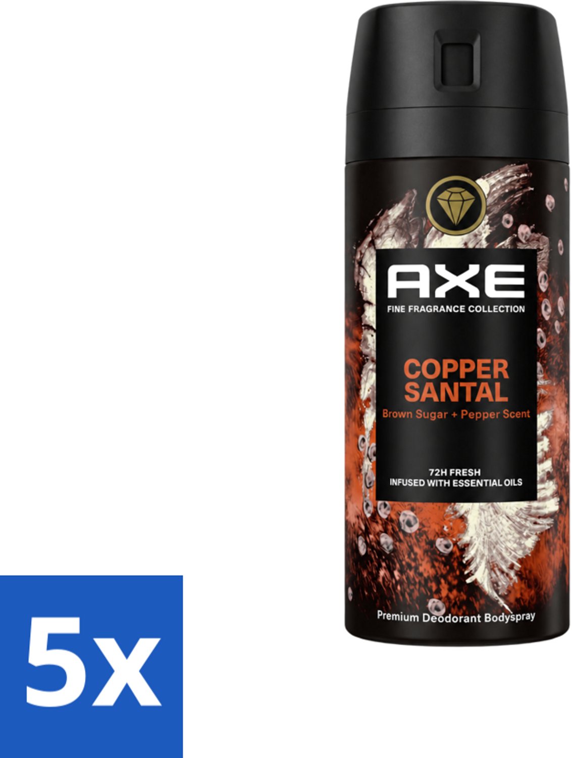 5 x AXE - Deodorant Spray - Copper Santal - Premium Geur - Warme Houtnoten - 150 m - Voordeelverpakking - 5 stuks