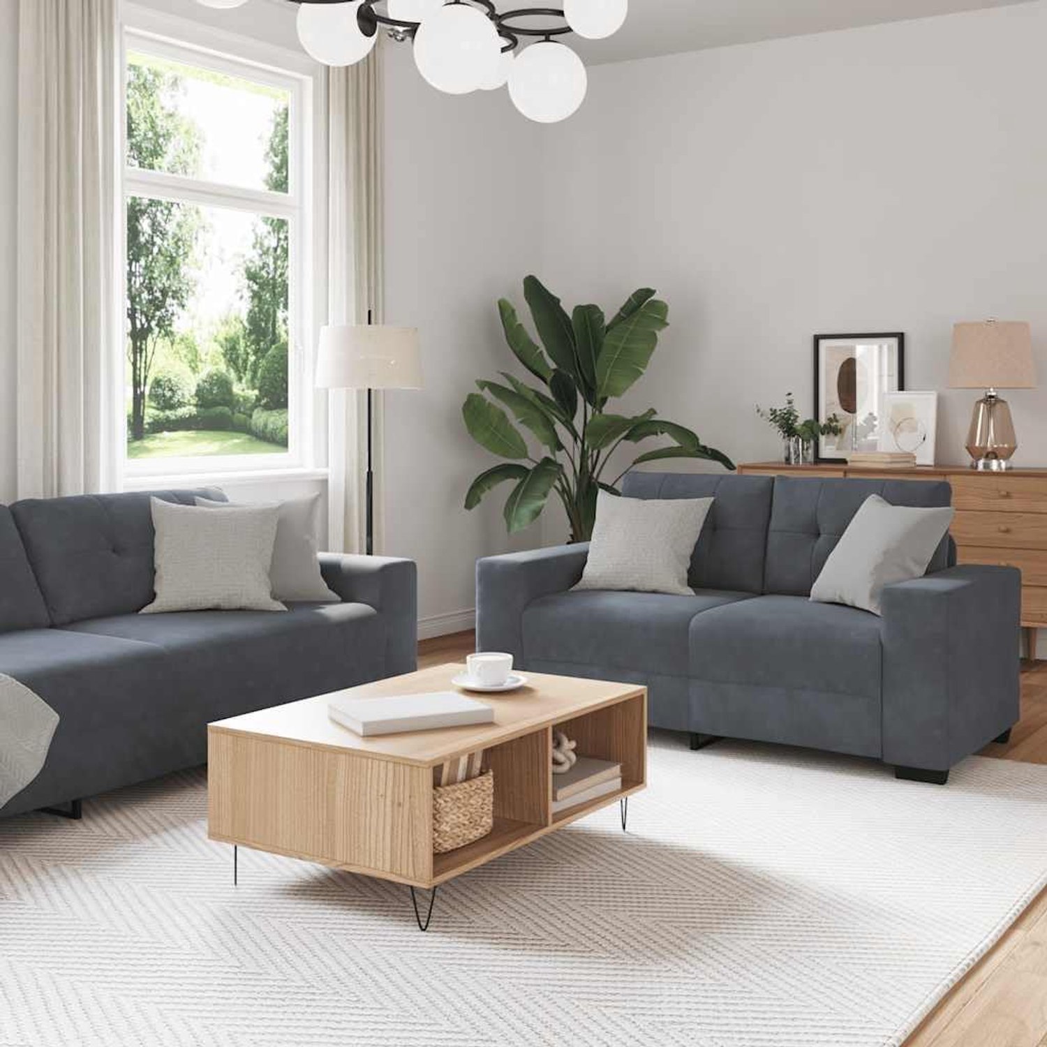 2-delige bankset met kussens in donkergrijs fluweel, comfortabele gestoffeerde meubels voor woonkamer en kantoor, zachte fluwelen stof en stabiel houten metalen frame, brede armleuningen