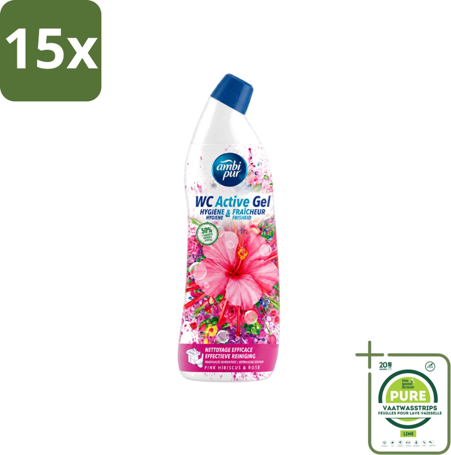 15 x Ambi Pur - Toiletreiniger - WC Active Gel - Hibiscus & Roos - 750 ml - Grootverpakking - Vaatwasstrips - Toiletreiniger - Wc Reinigen - Anti-kalk - Wc Gel - Hibiscus En Roos
