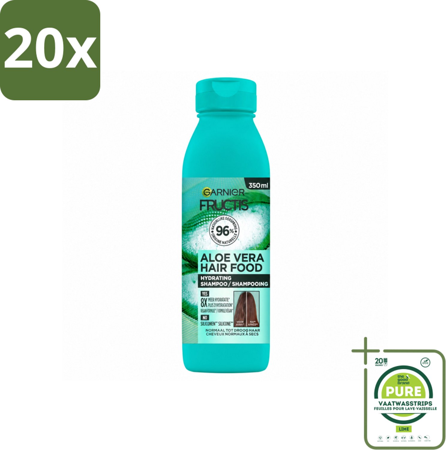 20 x Garnier - Fructis Hair Food Aloe Vera - Shampoo - Normaal tot Droog Haar - 350 ml - Grootverpakking - Vaatwasstrips - Aloe Vera Shampoo - Hydratatie Haar - Normaal Haar - Droog Haar - Vegan Shampoo
