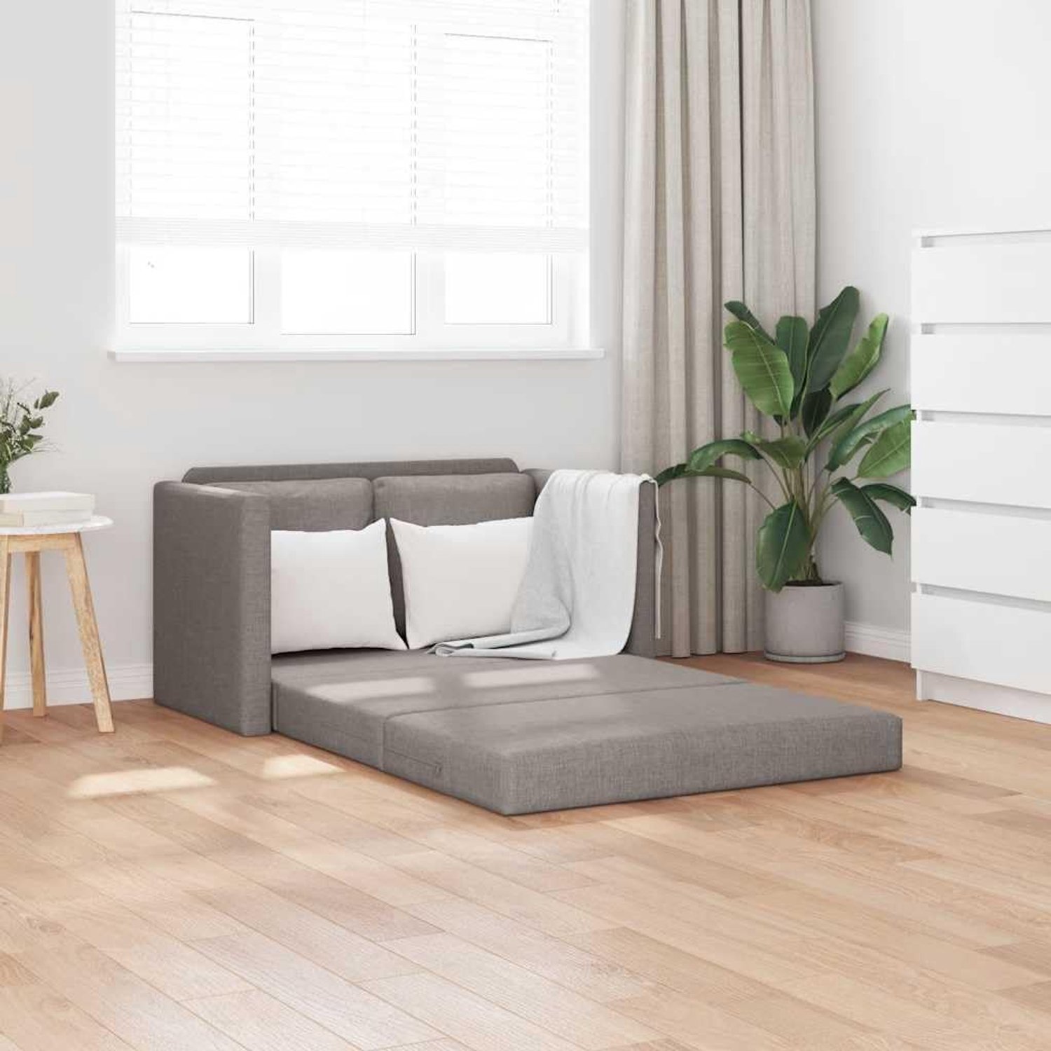 Vloerbank met slaapfunctie en zitbed, slaapbank, taupe, 112 x 174 x 55 cm, stoffen bekleding, 2-in-1 opvouwbaar slaapbed voor woonkamer