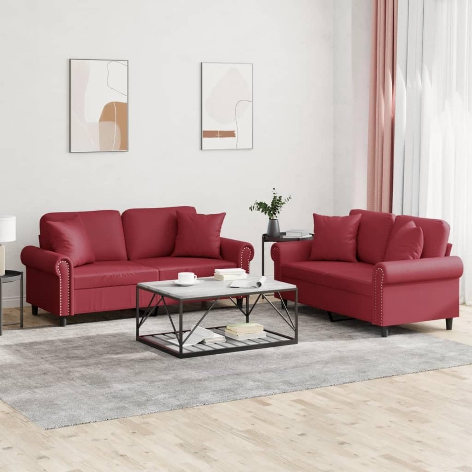 2-delige bankset met kussen in wijnrood van kunstleer, gestoffeerde meubelen zitmeubelen voor woonkamer met robuust frame en comfortabele bekleding