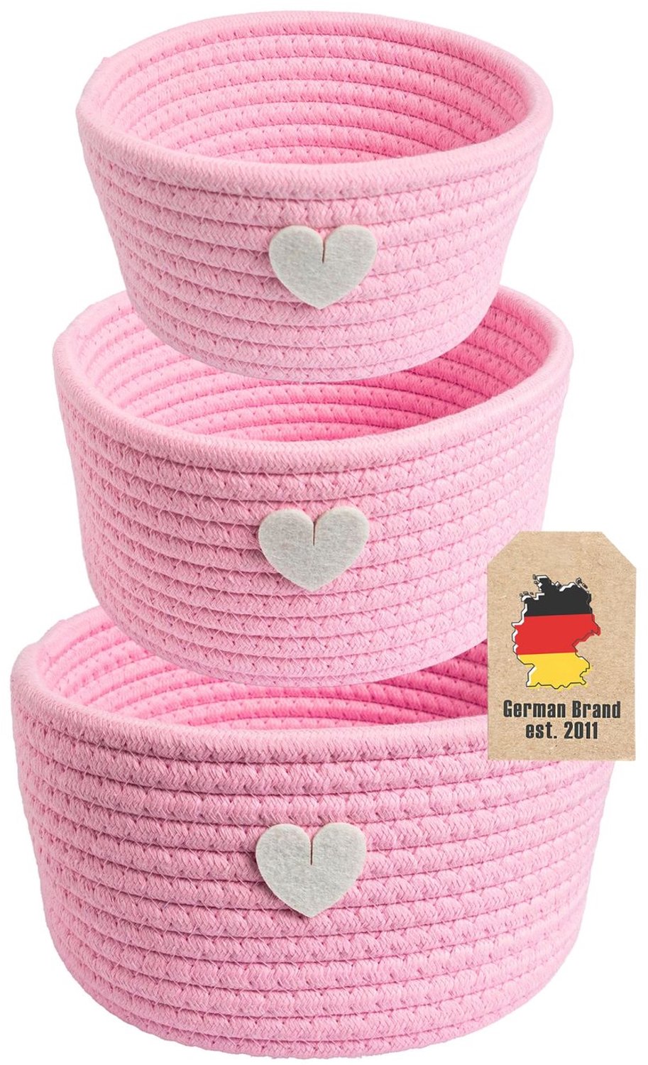 Intirilife Set van 3 Opbergmanden, Organisator in Roze met Hartpatch - 24 x 14 / 22 x 12.5 / 19 x 10 cm - Praktische Opbergmanden voor Planken, als Decor