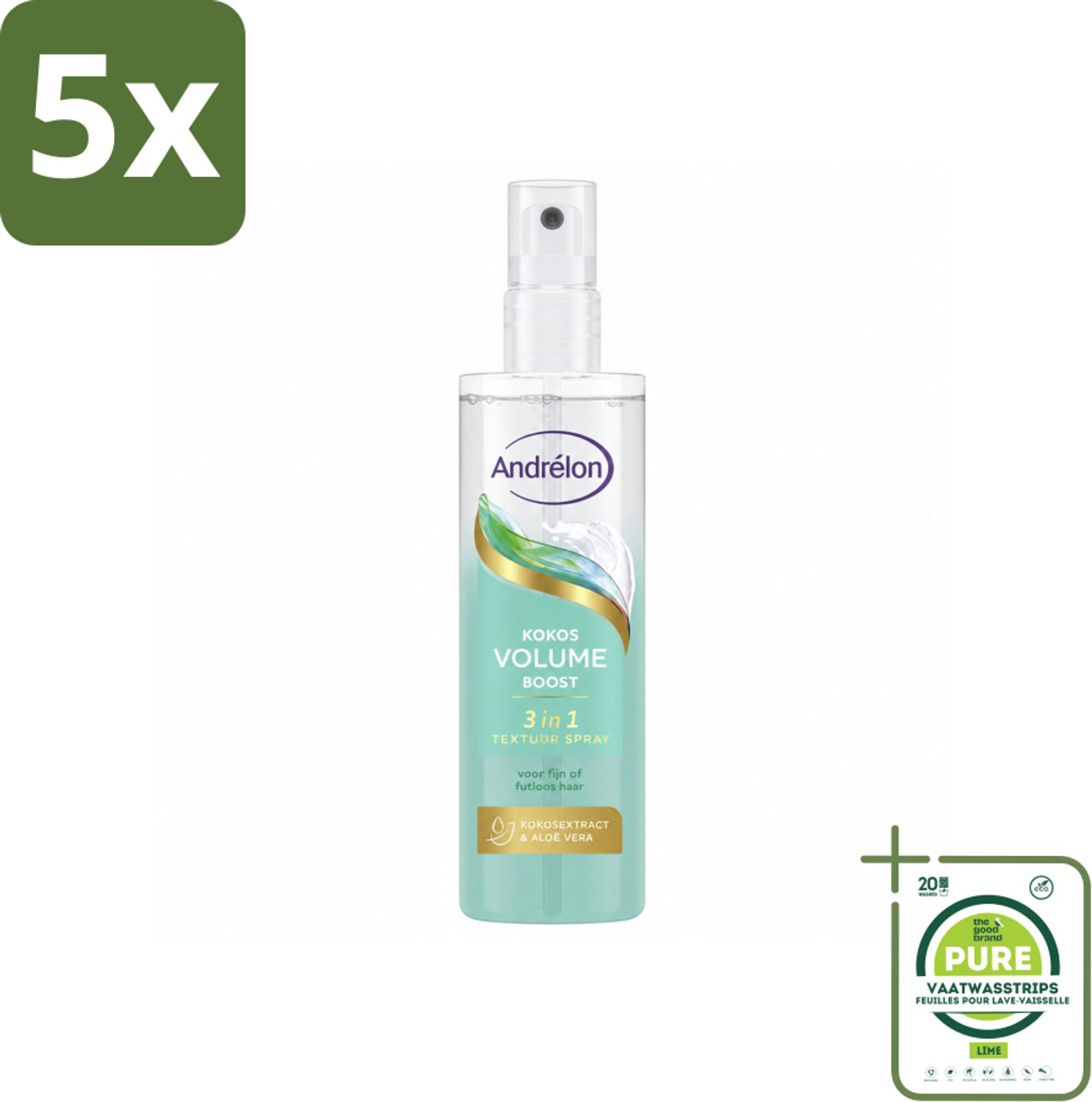 5 x Andrélon – Textuur Spray 3-in-1 – Kokos Volume Boost – 150 ml - Grootverpakking - Vaatwasstrips - Haar Volume - Haar Structuur - Haar Glans - Textuur Spray - Kokos Volume