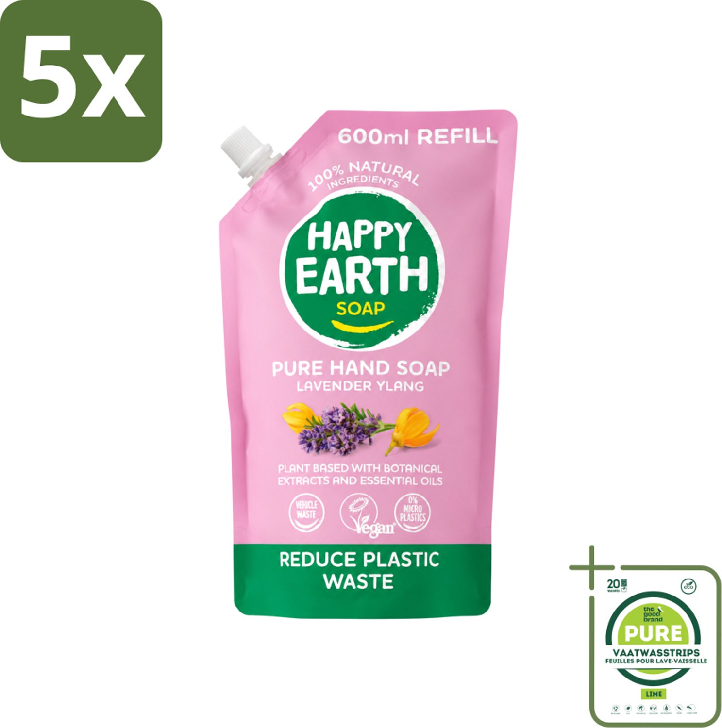 5 x Happy Earth – Handzeep Navulling – 100% Natuurlijk Lavender Ylang – 600 ml - Grootverpakking - Vaatwasstrips - Natuurlijke Handzeep - Navulverpakking - Lavendel - Ylang - Vegan Handzeep