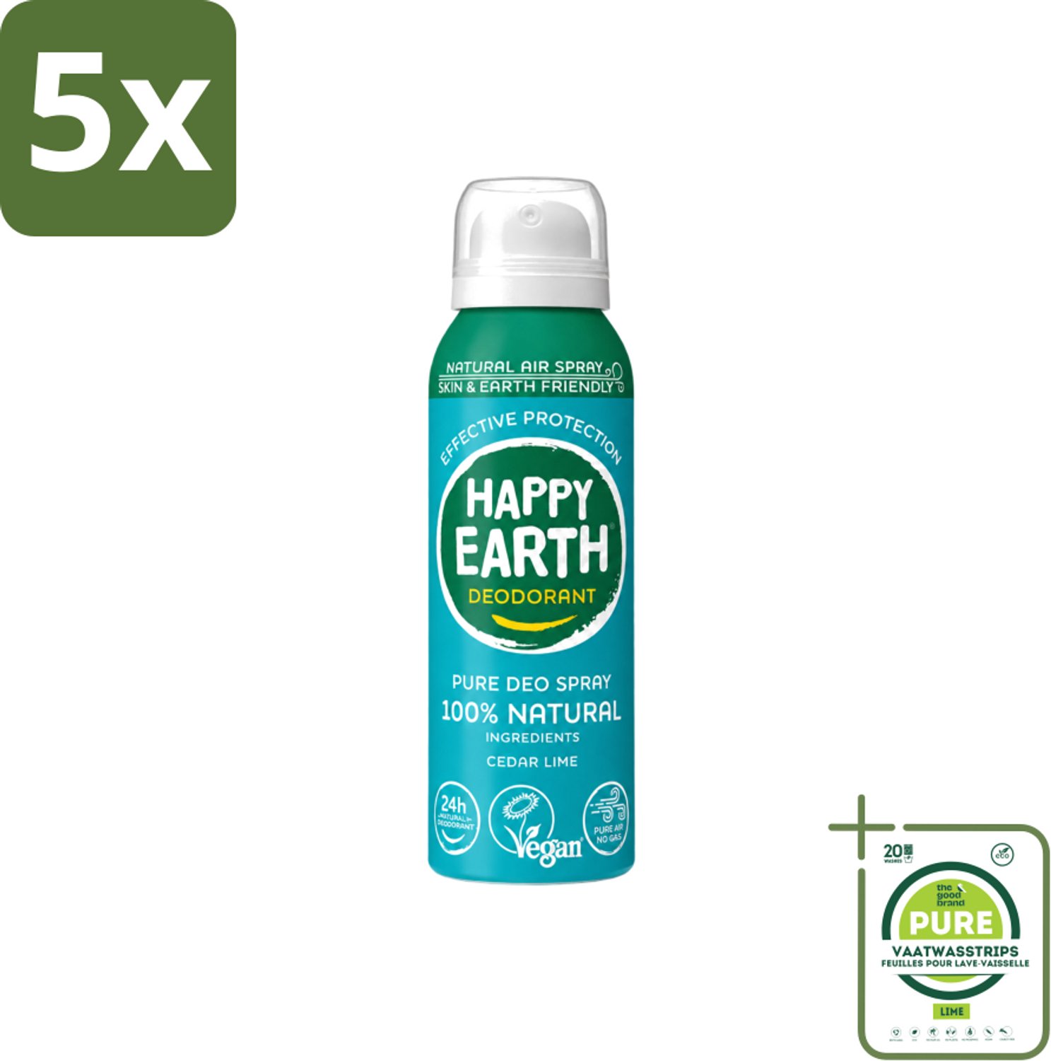 5 x Happy Earth – Deodorant Natural Air Spray – 100% Natuurlijk Cedar Lime – 100 ml - Grootverpakking - Vaatwasstrips - Natuurlijke Deodorant - Cederhout En Limoen - Aerosol Deodorant - 100% Natuurlijk - Luchttechnologie