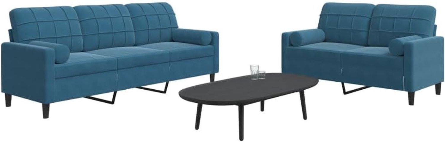 2-delige bankset met kussen en nekrollen blauw fluweel - zacht velours materiaal en robuust metalen frame voor een comfortabele zitervaring, modern design met bekleding