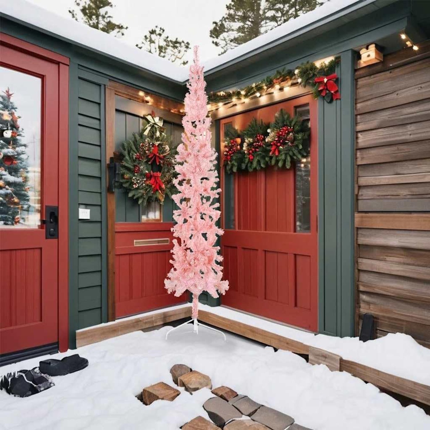 Kunstkerstboom met standaard, slank, roze, 240 cm, ruimtebesparende wandboom voor kerstdecoratie, duurzaam en herbruikbaar