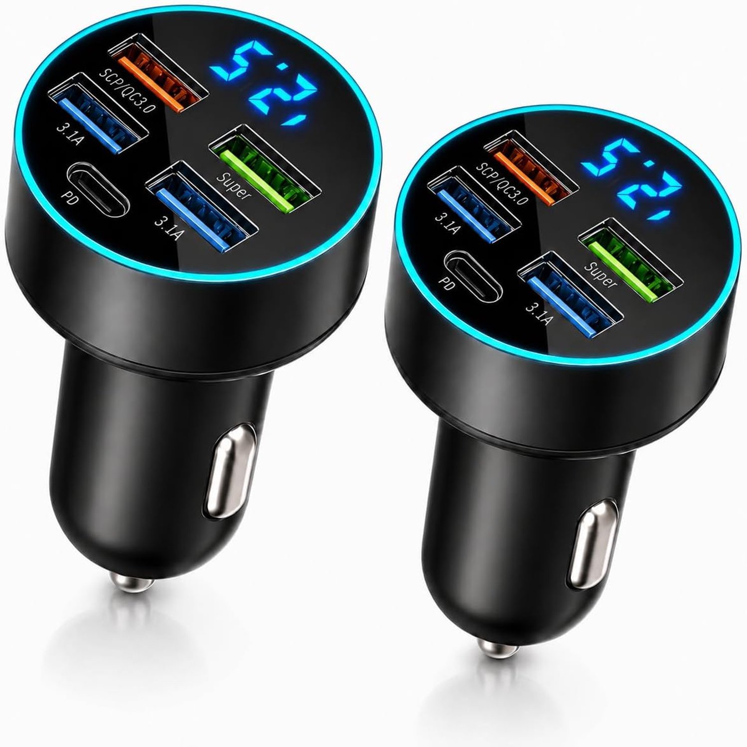 2 x sigarettenaansteker, USB C, 5 poorten, snellader, 66 W, QC3.0 en 30 W PD, sigarettenaansteker USB C met led-voltmeter, compatibel met mobiele apparaten en accessoires