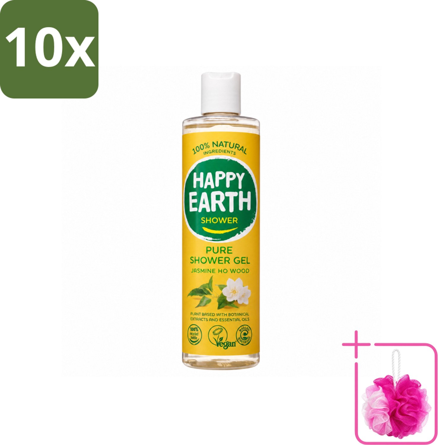 10 x Happy Earth – Douchegel – 100% Natuurlijk Jasmine Ho Wood – 300 ml - Bulkverpakking - Natuurlijke douchegel - Douchemop - Jasmijn en ho wood
