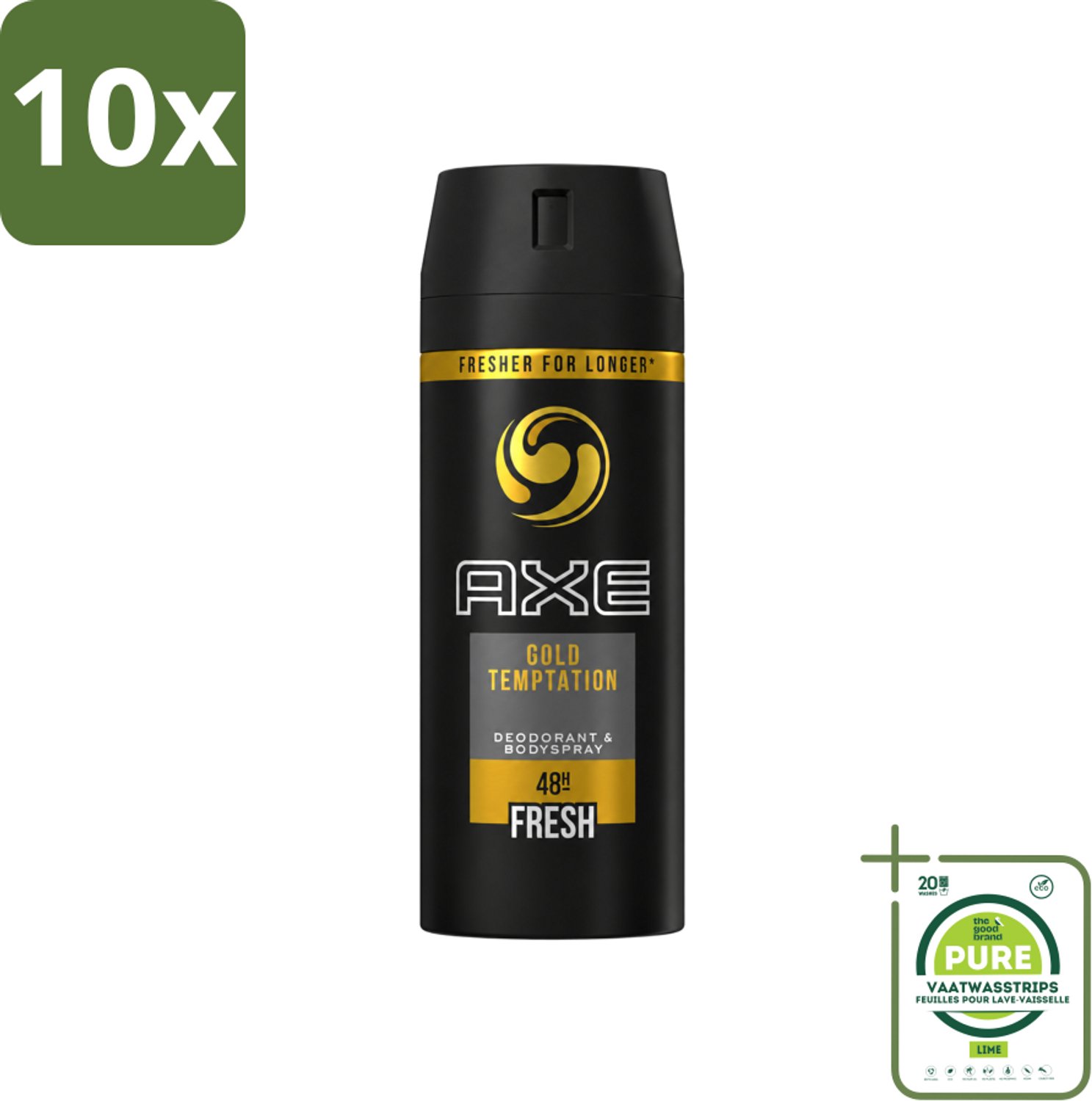10 x Axe - Deodorant Bodyspray - 48hrs Fresh - Gold Temptation - 150 ml - Grootverpakking - Vaatwasstrips - 48 Uur Bescherming - Zweetvermindering - Deodorant Spray - Geur - Fris