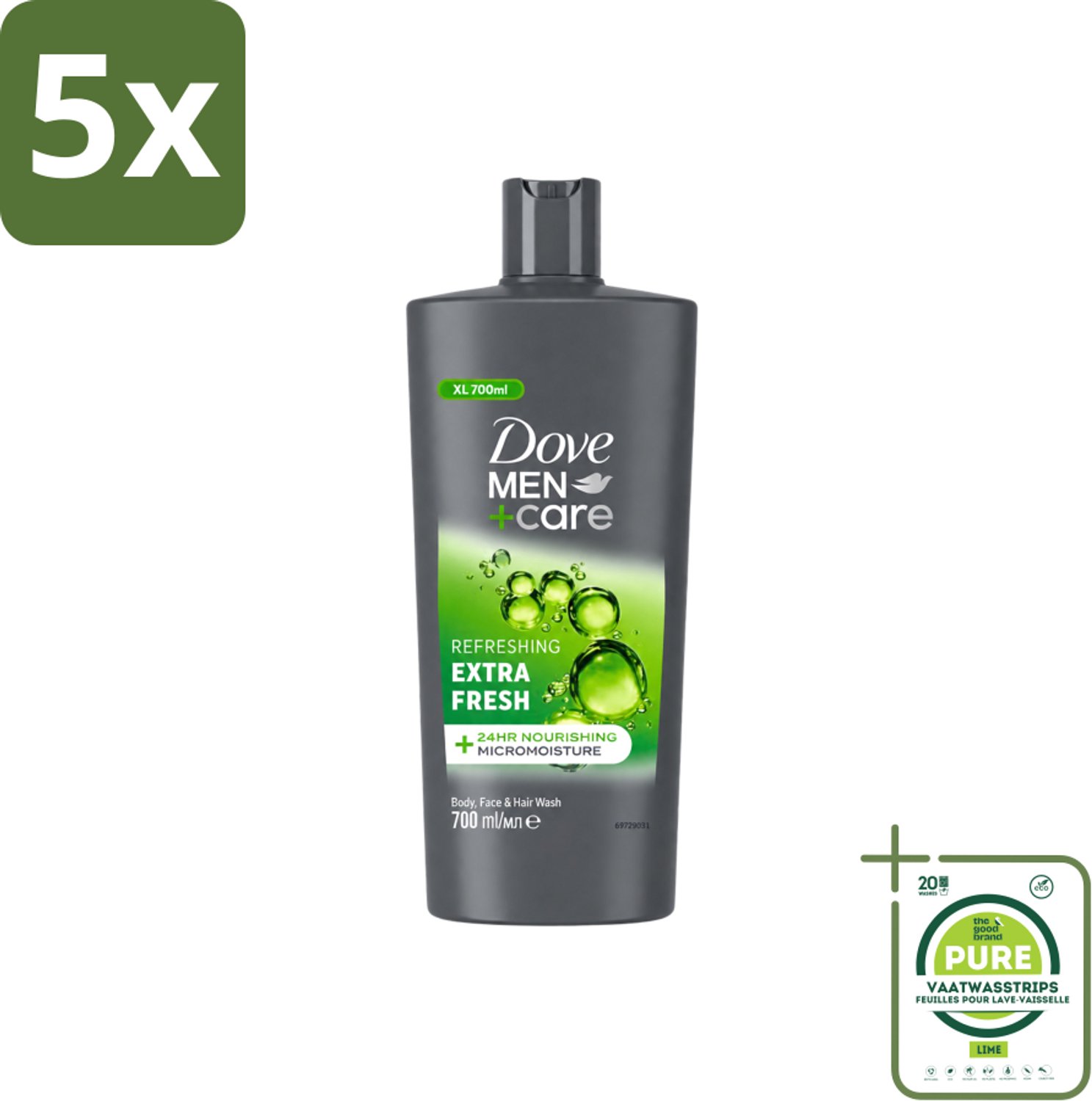 5 x Dove Men+Care - Extra Fresh - Douchegel 3-in-1 - Verzorgend - 700 ml - Grootverpakking - Vaatwasstrips - Douchegel Voor Mannen - Verfrissende Douche - Hydraterende Douche - Gezichtsproduct Voor Mannen - Haarproduct Voor Mannen