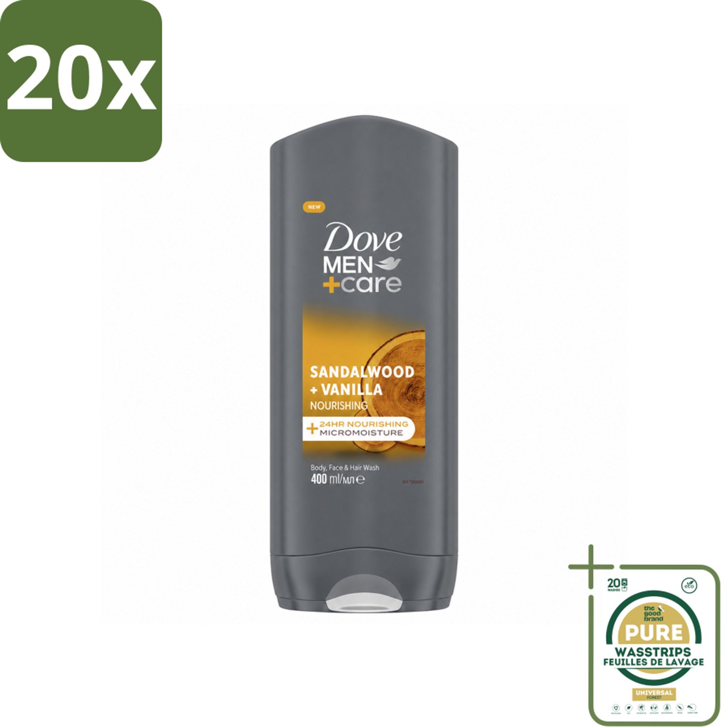 20 x Dove – Douchegel – Men+Care Sandalwood & Vanilla – 400 ml - Wasstrips - Douchegel Mannen - Mannelijke Huid Verzorging - Hydraatende Douchegel - Douchegel Voor Mannen - Huid Verzorging Mannen
