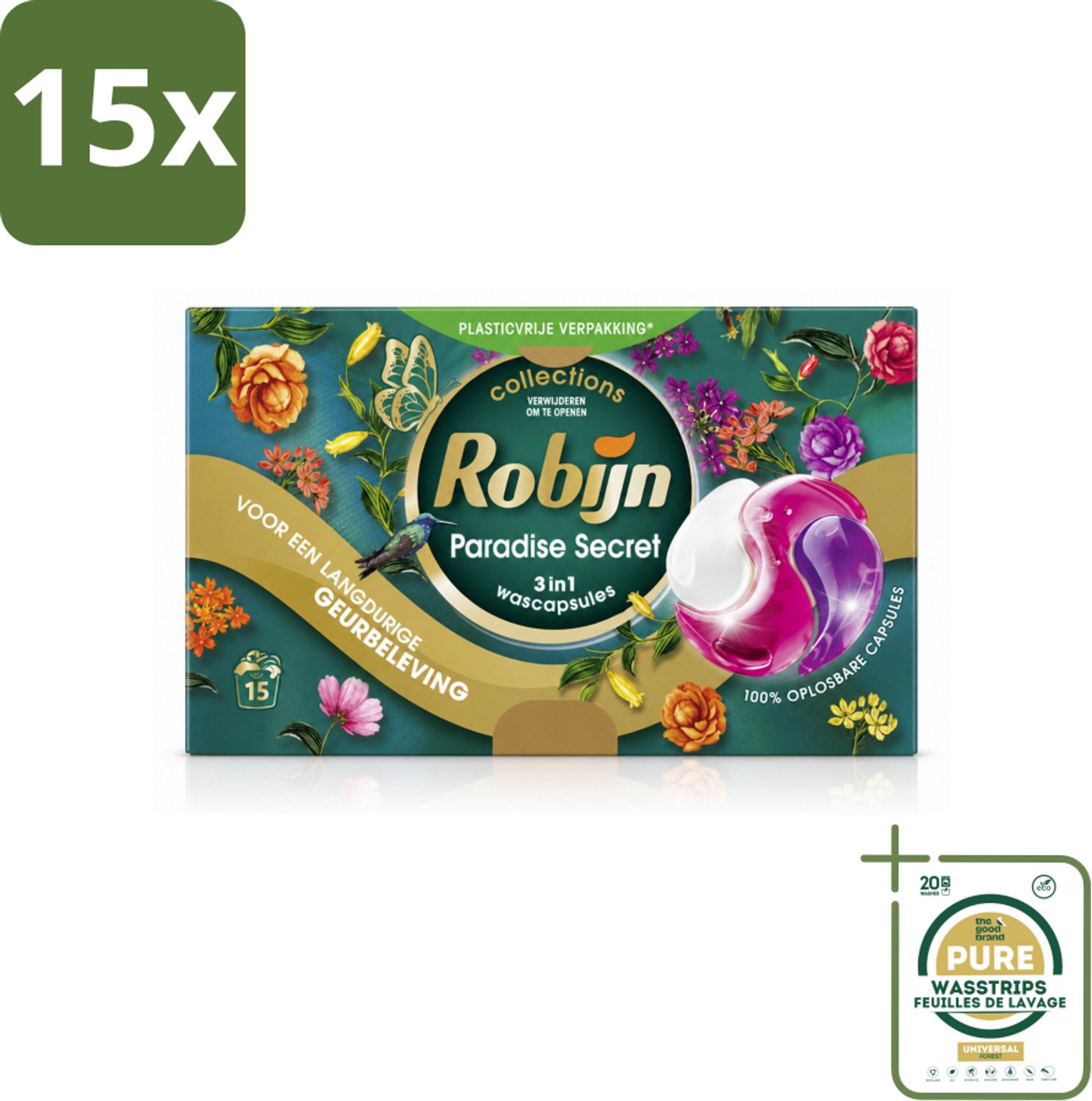 15 x Robijn – 3-in-1 Wascapsules – Paradise Secret - 15 Capsules - Wasstrips - 3-in-1 Wascapsules - Kleurbescherming - Wascapsules Voor Gekleurde Was - Langdurige Geur - Wasmiddel Voor Gekleurde Kleding