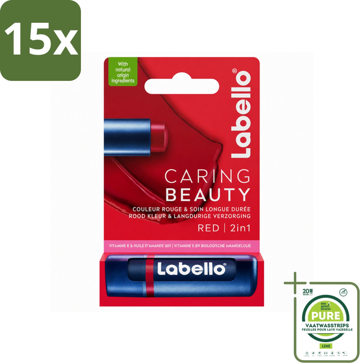 15 x Labello –Lippenbalsem – Caring Beauty Red – 5,5 ml - Grootverpakking - Vaatwasstrips - Lippenbalsem - Verzorging - Rode Tint - Hydraatatie - Natuurlijke Oliën