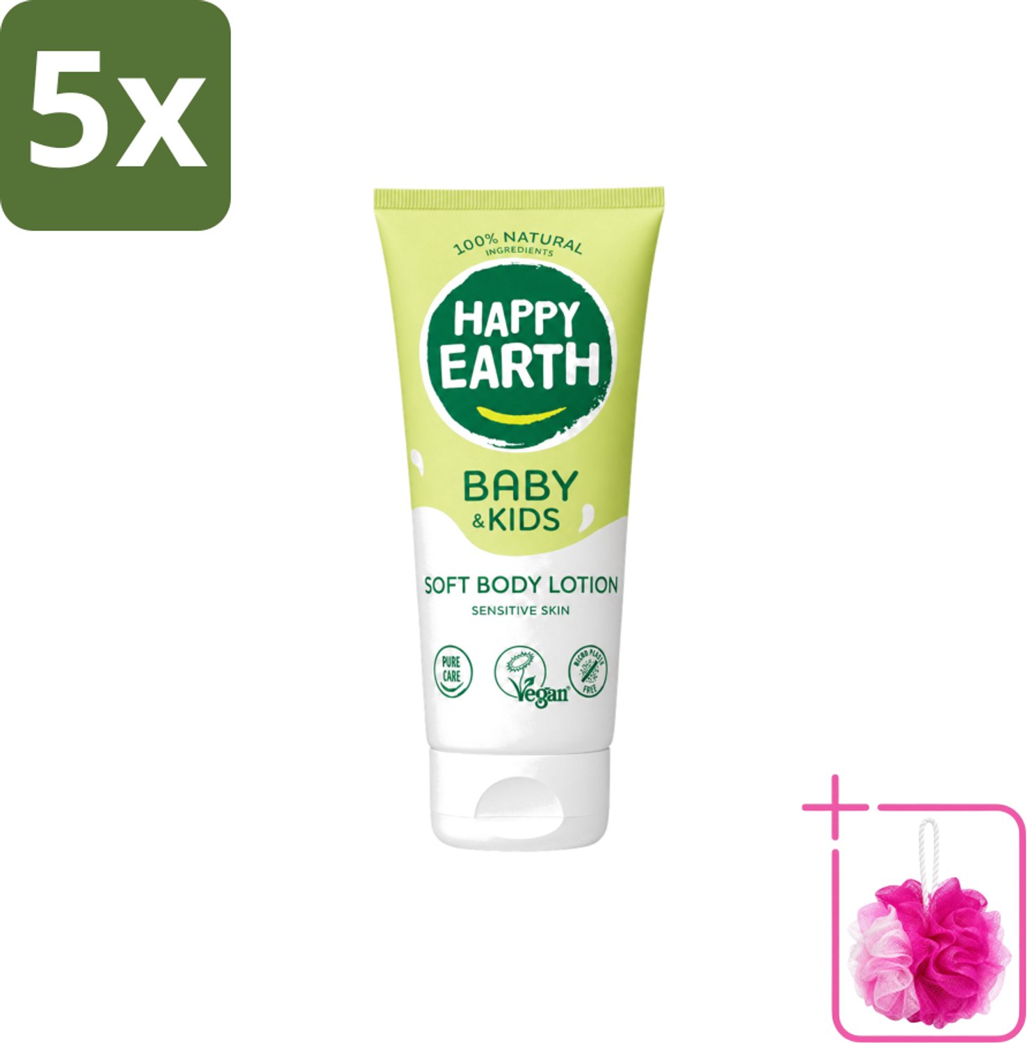 5 x Happy Earth – Bodylotion – 100% Natuurlijk Baby & Kids – 200 ml - Bulkverpakking - Babylotion - Douchemop - Kinderhuid