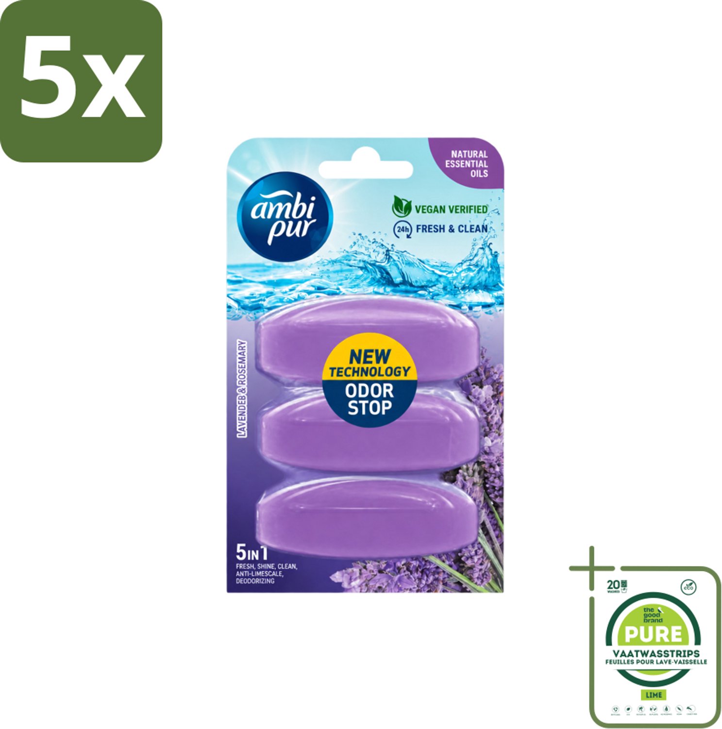 5 x Ambi Pur - Navulling Toiletblok - Lavendel & Rozemarijn - 3 Blokken - Grootverpakking - Vaatwasstrips - Toiletblok Navulling - Reinigingsvulling - Frisse Toiletomgeving - Lavendel En Rozemarijn - Hygiëne
